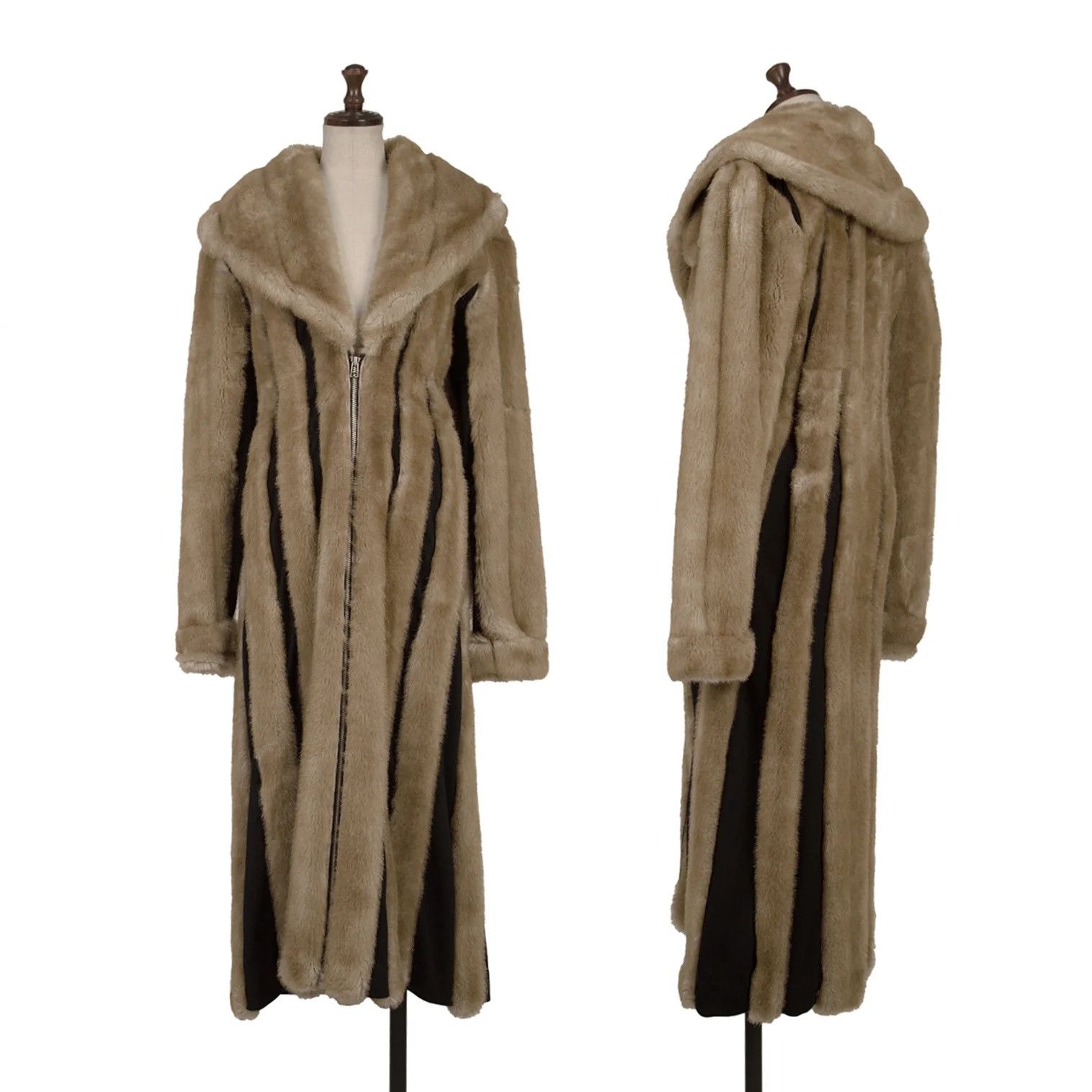 Jean Paul Gaultier Fur Striped Double Zip Coat in Beige and Black Size US XXL / EU 58 / 5 - 1 Thumbnail