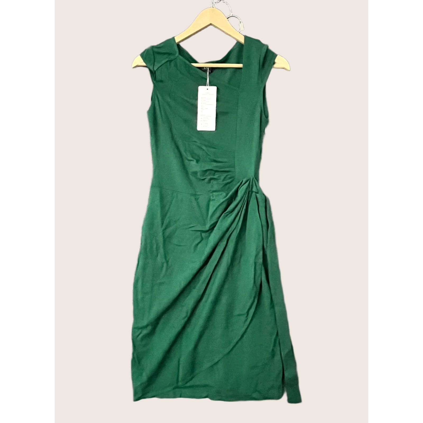 Vintage Liyinxi Sheath Dress S Green Casual Work Cocktail Party Knee Length Sleeveless Cowl Neck Pullover Stretch Faux Wrap Solid Women Dressy Size S / US 4 / IT 40 - 1 Thumbnail