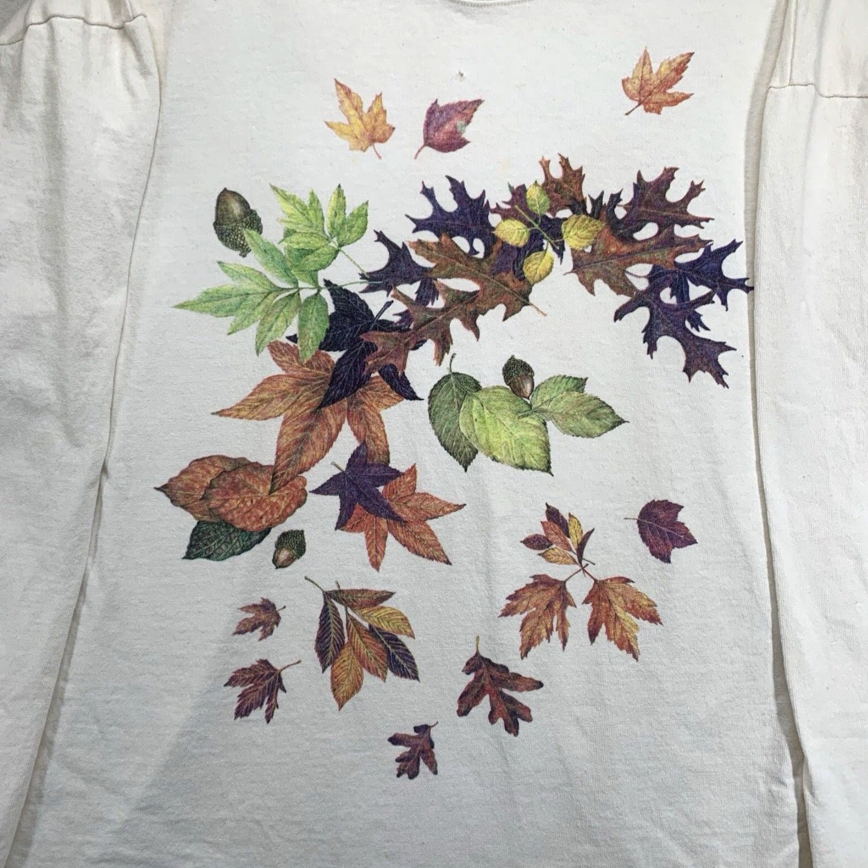 Vintage VINTAGE Cotton Deluxe Unisex Long Sleeve T-Shirt XL Ivory Autumn Leaves Acorn Graphic Print 80s 90s Nature Heavyweight Size US XL / EU 56 / 4 - 2 Thumbnail