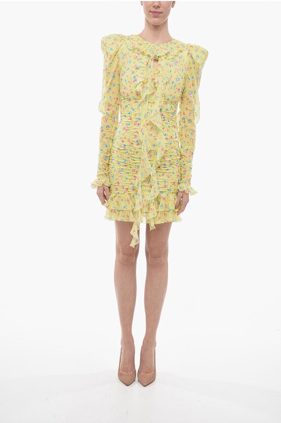 image of Alessandra Rich Floral Patterned Georgette Silk Minidress With Ruffles in Yellow, Women's (Size Sma
