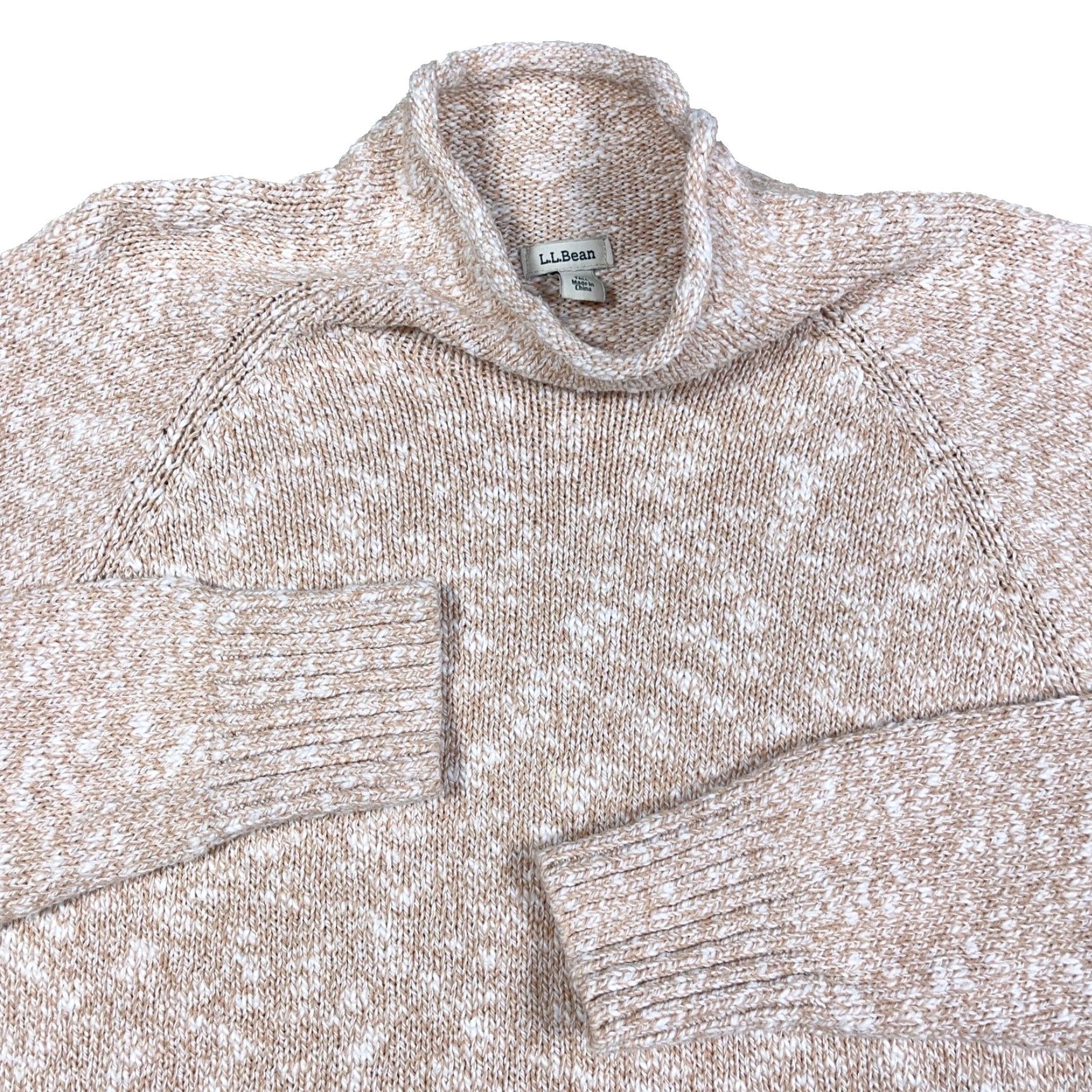 Vintage L.L. Bean Sweater Women Medium Tall Tan Marled Ragg Roll Mock Funnel Neck Pullover Knit Cotton Solid Classic Size M / US 6-8 / IT 42-44 - 2 Thumbnail