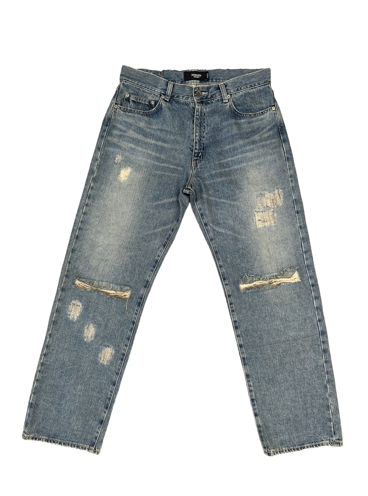 image of Devilock Vengeance Distress Mud Denim Selvedge Jeans in Light Blue, Men's (Size 32)
