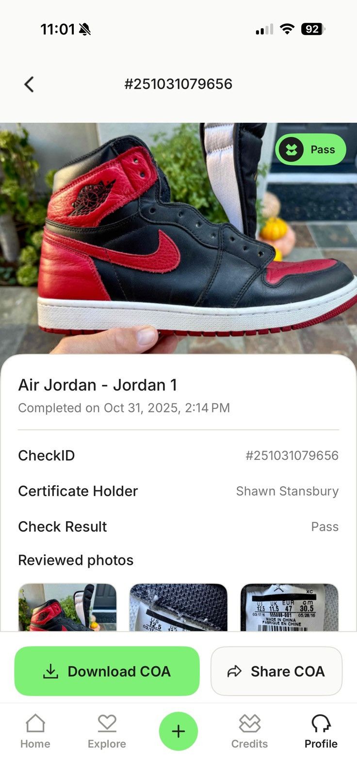 Nike Jordan 1 Retro High “Bred Banned” (2016) Size US 12.5 / EU 45-46 - 8 Thumbnail