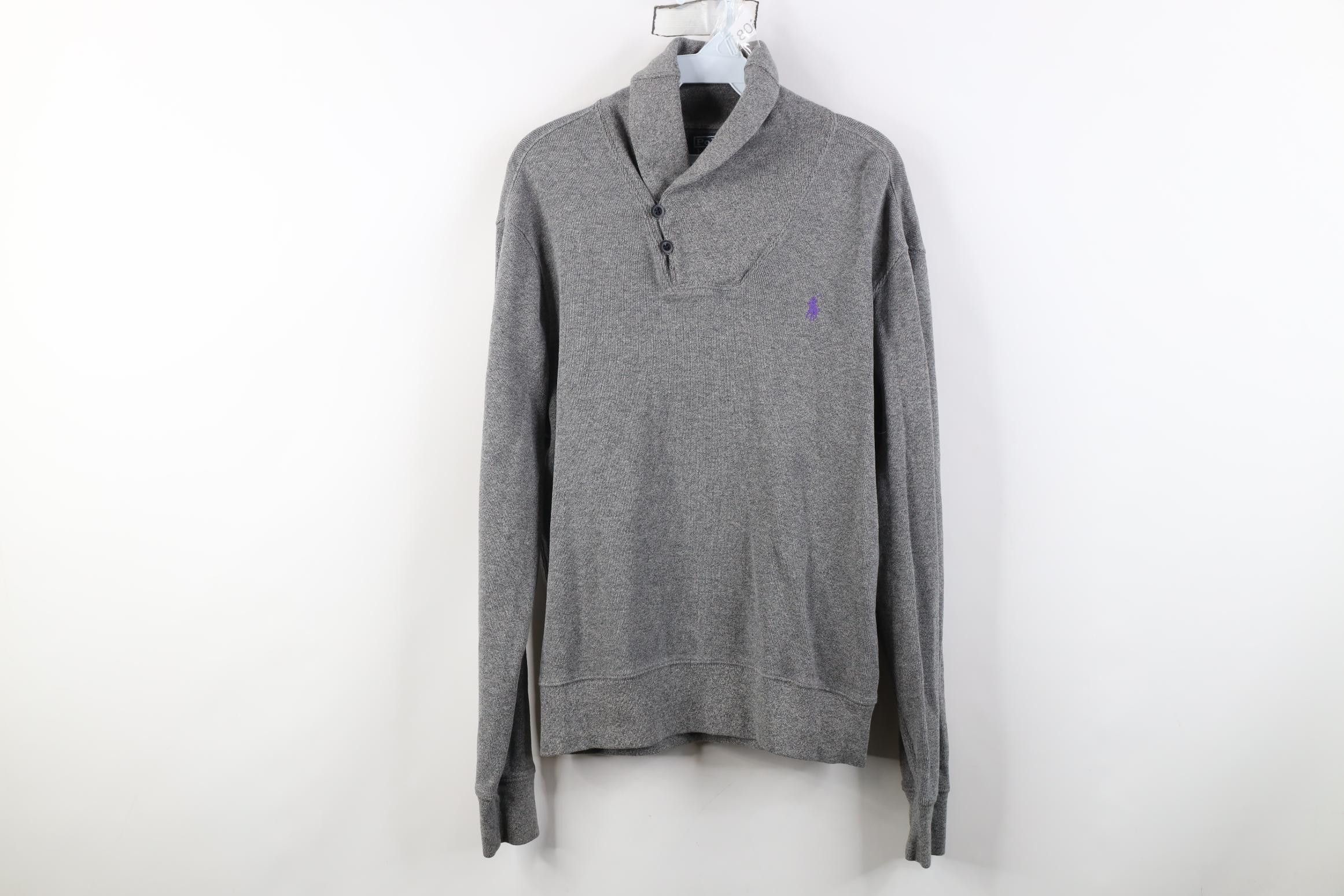 Polo Ralph Lauren Vintage 90s Ralph Lauren Cotton Knit Shawl Sweater Gray Size US M / EU 48-50 / 2 - 1 Thumbnail