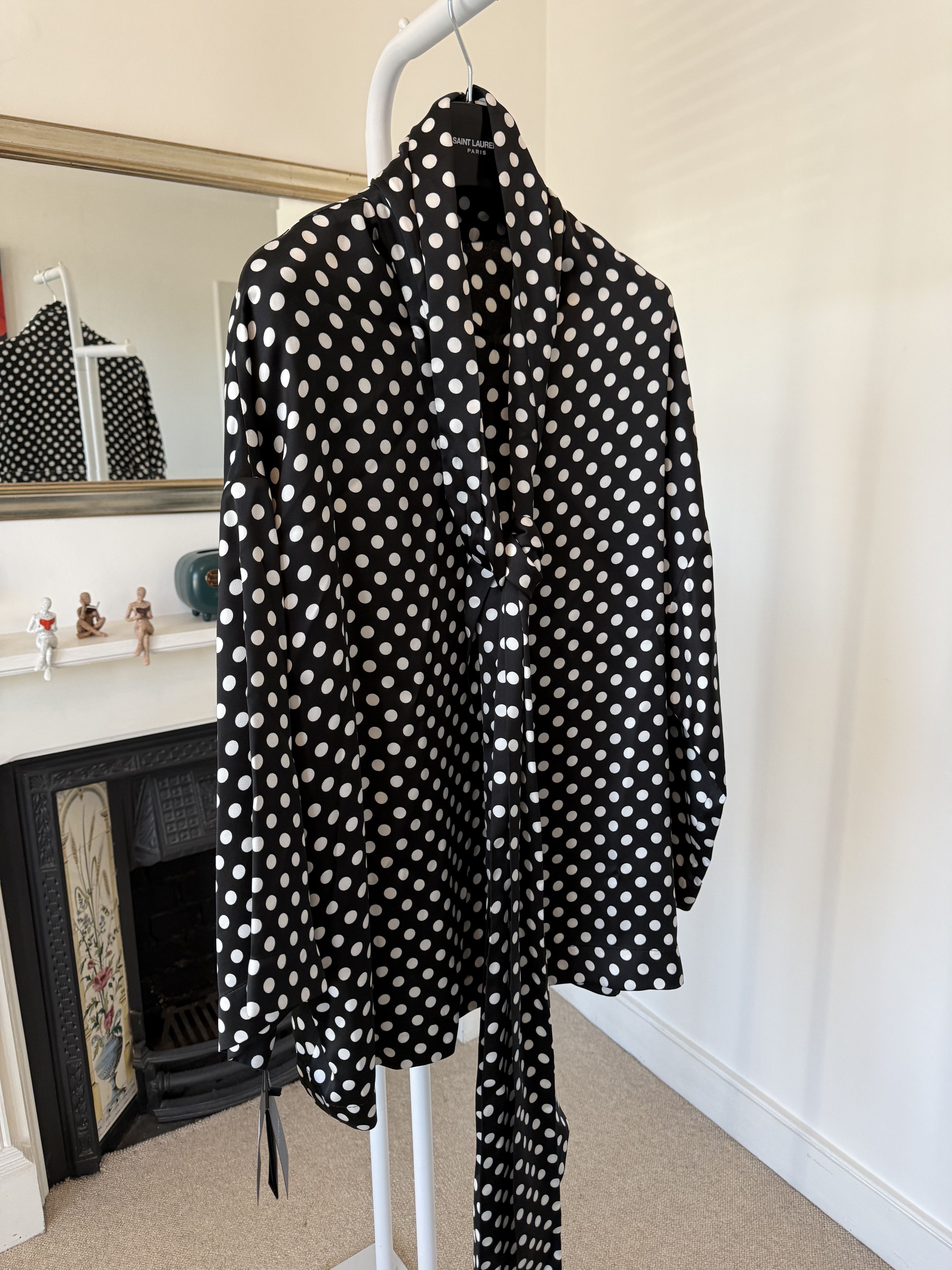 Saint Laurent Paris SS23 Saint Laurent Lavalliere-Neck Satin Polka Dot Blouse Size US L / EU 52-54 / 3 - 4 Thumbnail