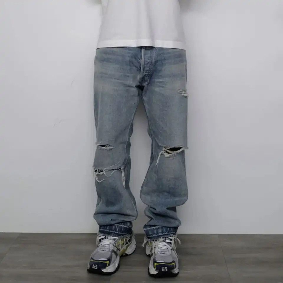 image of Distressed Denim x Vintage High Street Hole Cut Ripped Washed Blue Baggy Jeans Pants (Size 35)