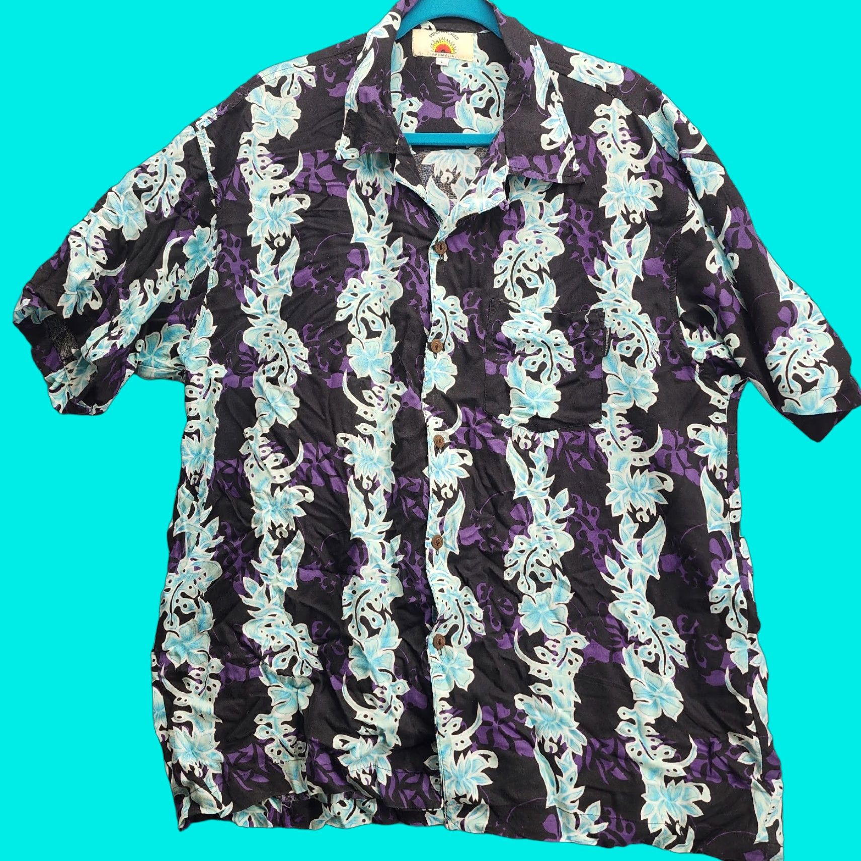 Vintage Sundrenched Button-Up Shirt Mens L Black Purple Floral Short Sleeve Rayon Woven Casual Travel Workwear Vintage No Size US L / EU 52-54 / 3 - 1 Thumbnail