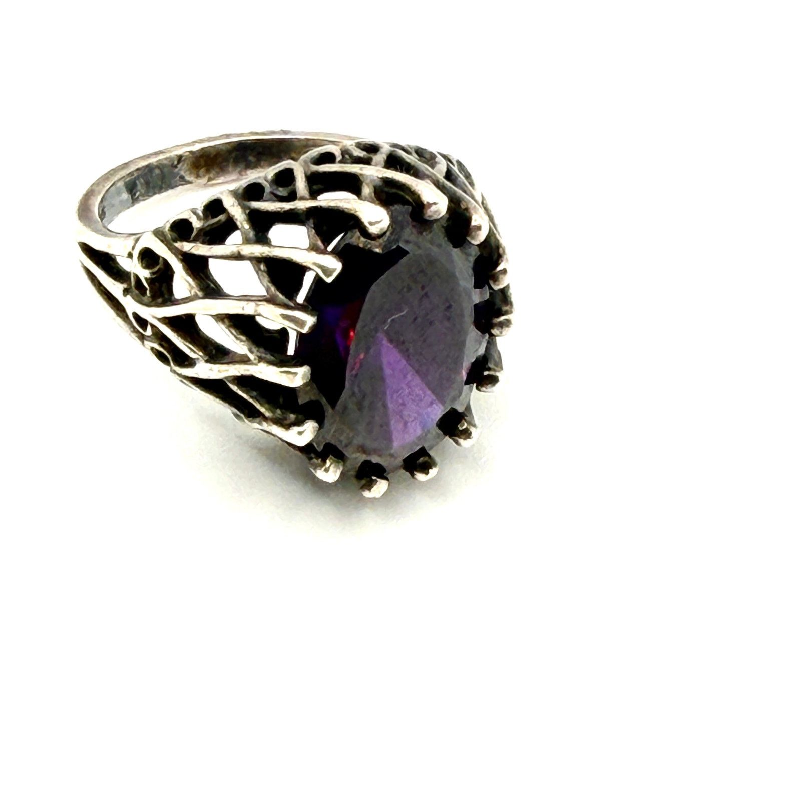 Handmade Vintage 70s Sterling Silver Amethyst Filigree Statement Ring Size ONE SIZE - 1 Thumbnail