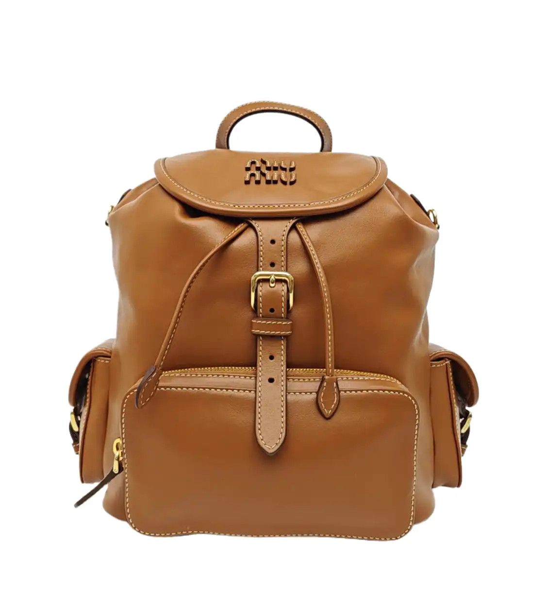Miu Brown Cowhide Leather Backpack Gold Hardware, Women's