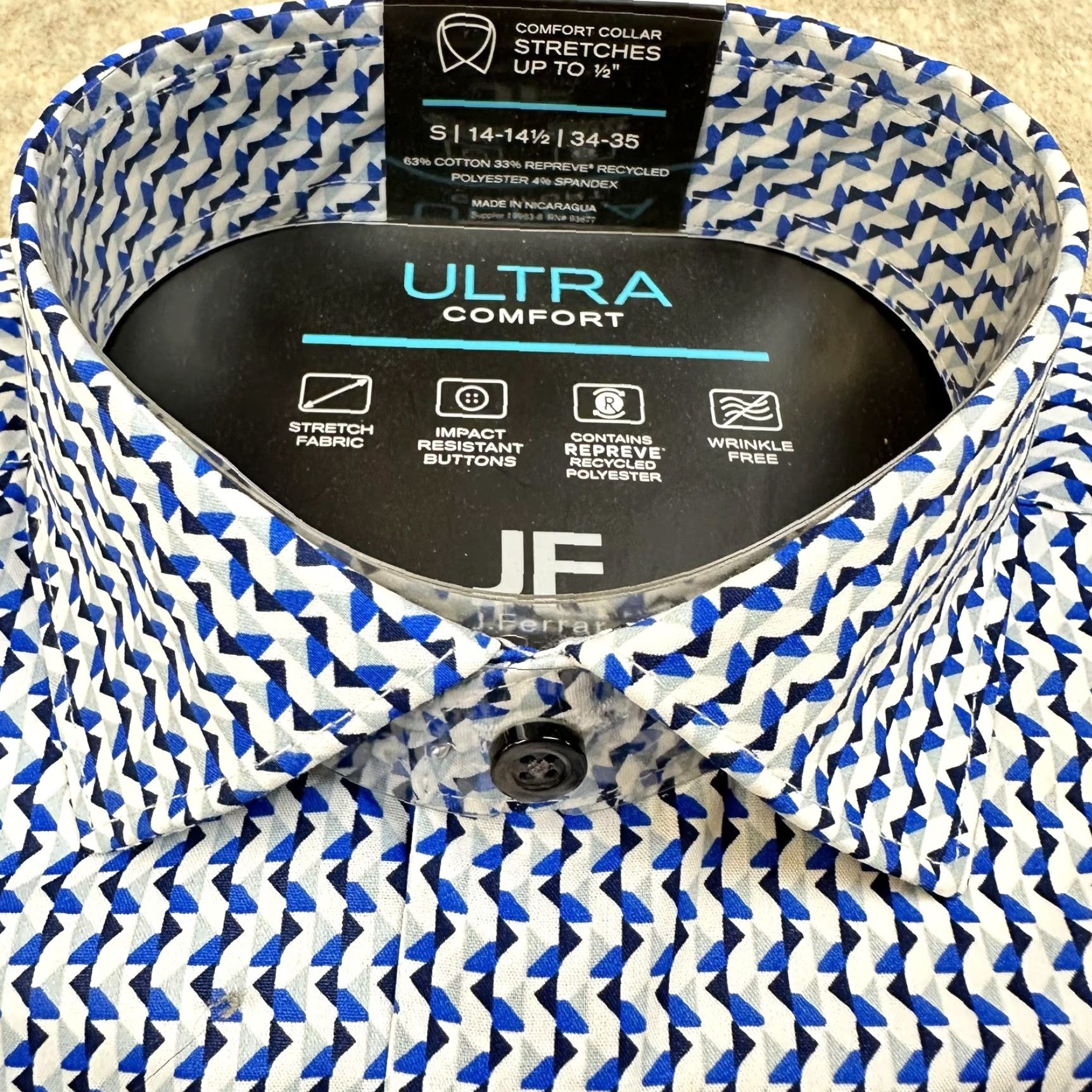 Vintage J. Ferrar Shirt Mens Small Blue White Geometric Regular Fit Ultra Comfort Dress Size 36R - 2 Thumbnail