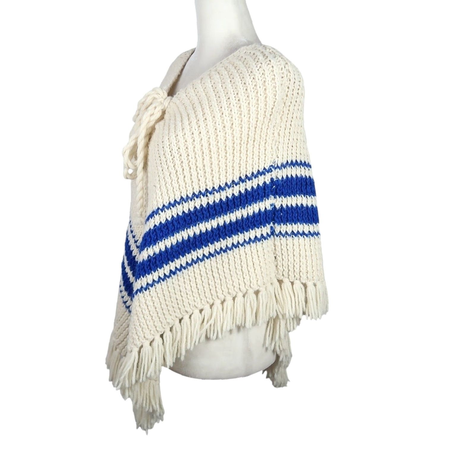 Vintage VINTAGE Cream and Blue Stripe Knit Poncho Sweater Fringe Trim Womens M Pullover Knit Acrylic Bohemian Hippie 70s Size M / US 6-8 / IT 42-44 - 3 Thumbnail