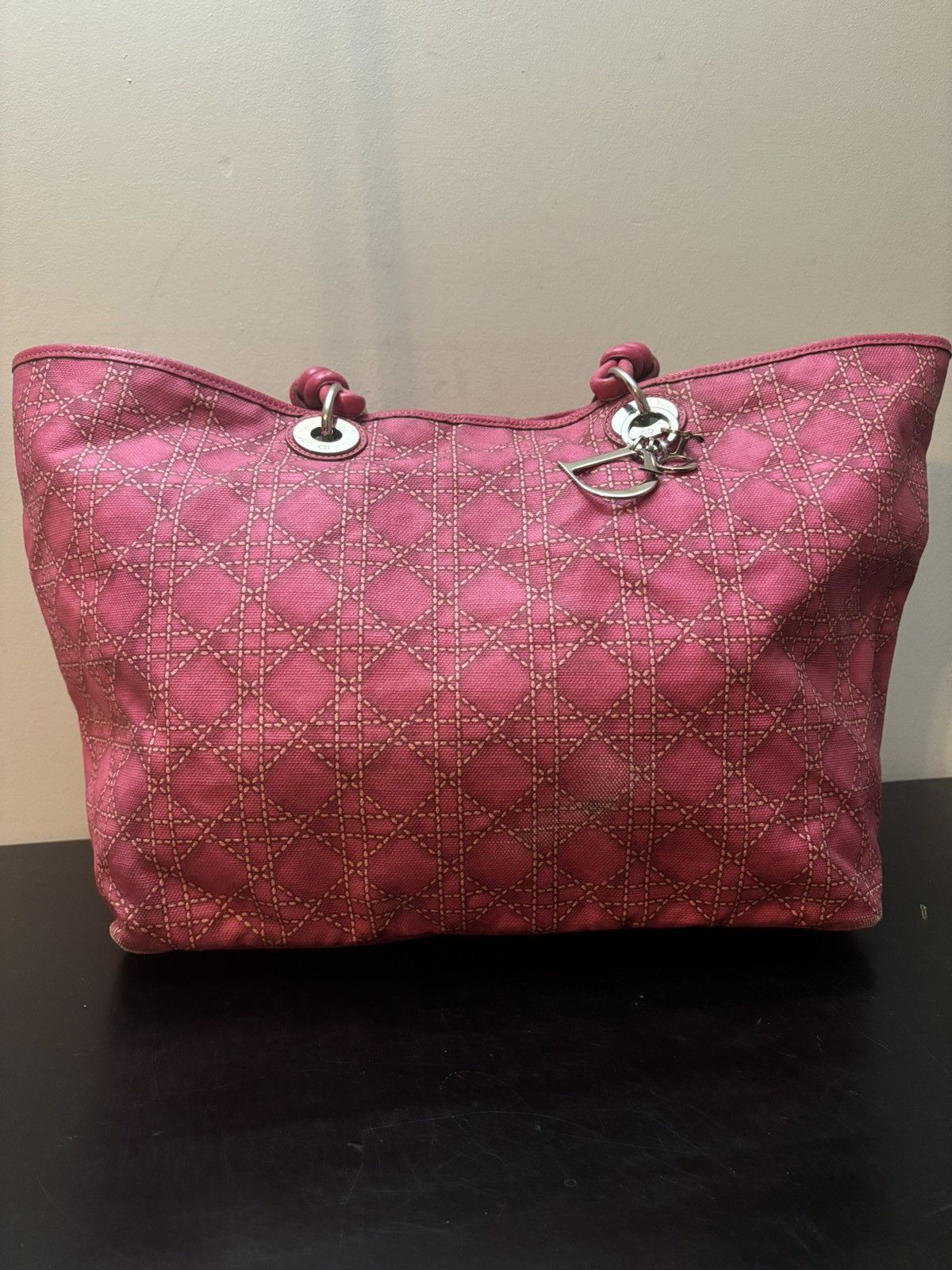 Christian Dior Lady Dior Cannage Print Canvas Tote Bag Pink