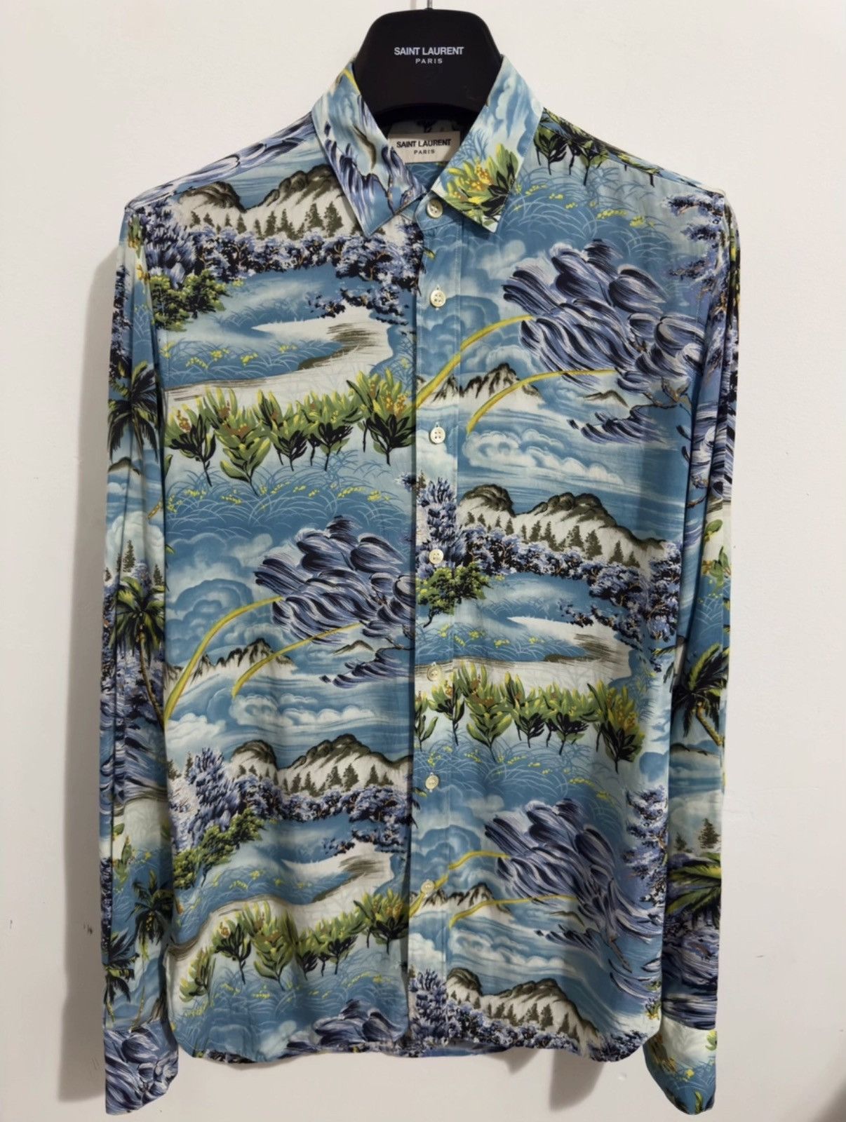 Saint Laurent Paris SLP 16SS Runway Viscose Sky Blue Palm Tree &Wave Print Shirt Size US M / EU 48-50 / 2 - 1 Thumbnail