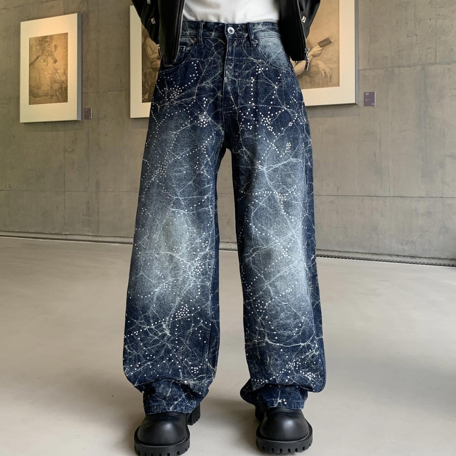 Vintage Blue Wide Leg Denim Jeans with Abstract Print Size US 30 / EU 46 - 1 Thumbnail