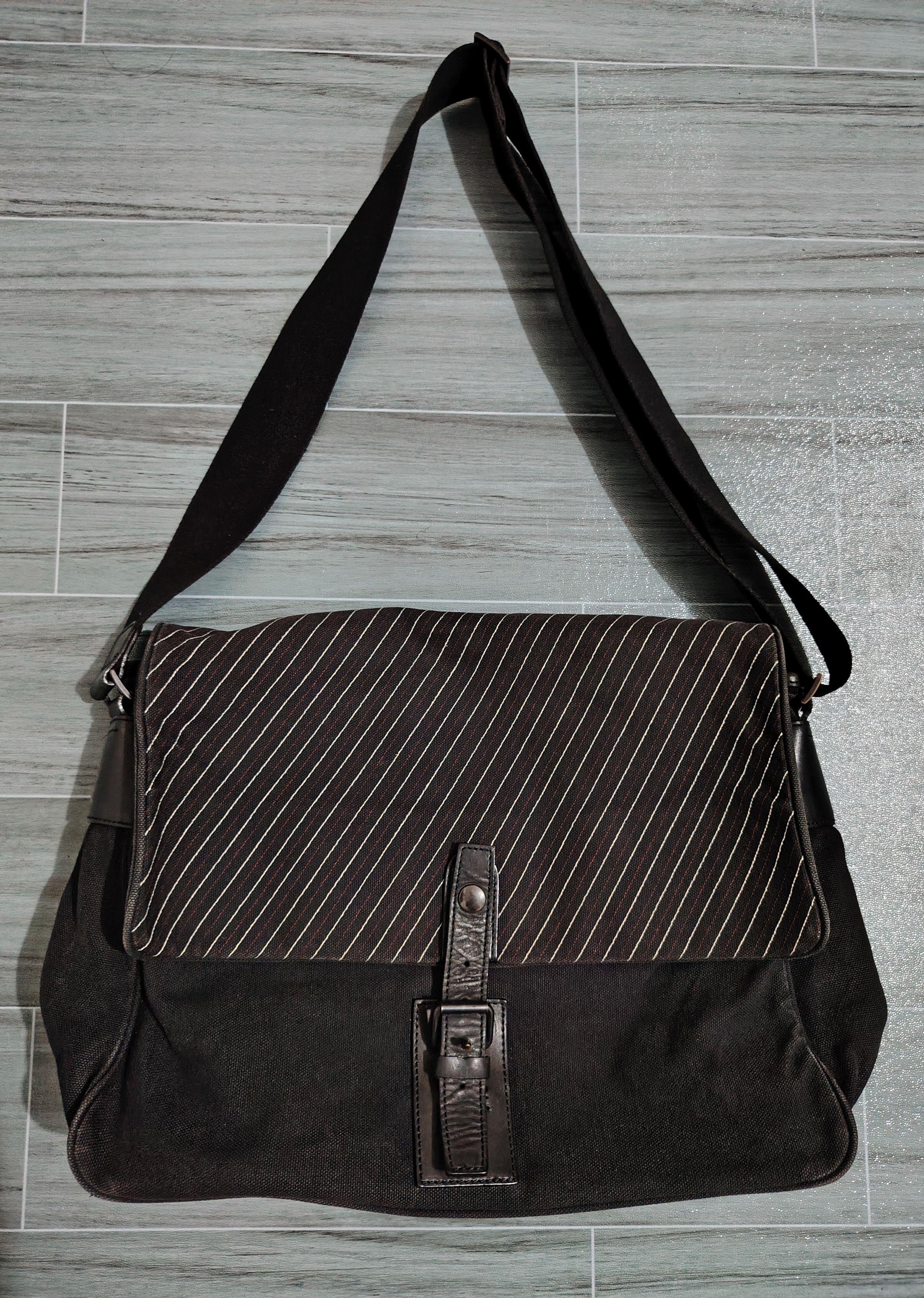 ISSEY MIYAKE -Vintage-Canvas/Leather Pinstripe Messenger Bag