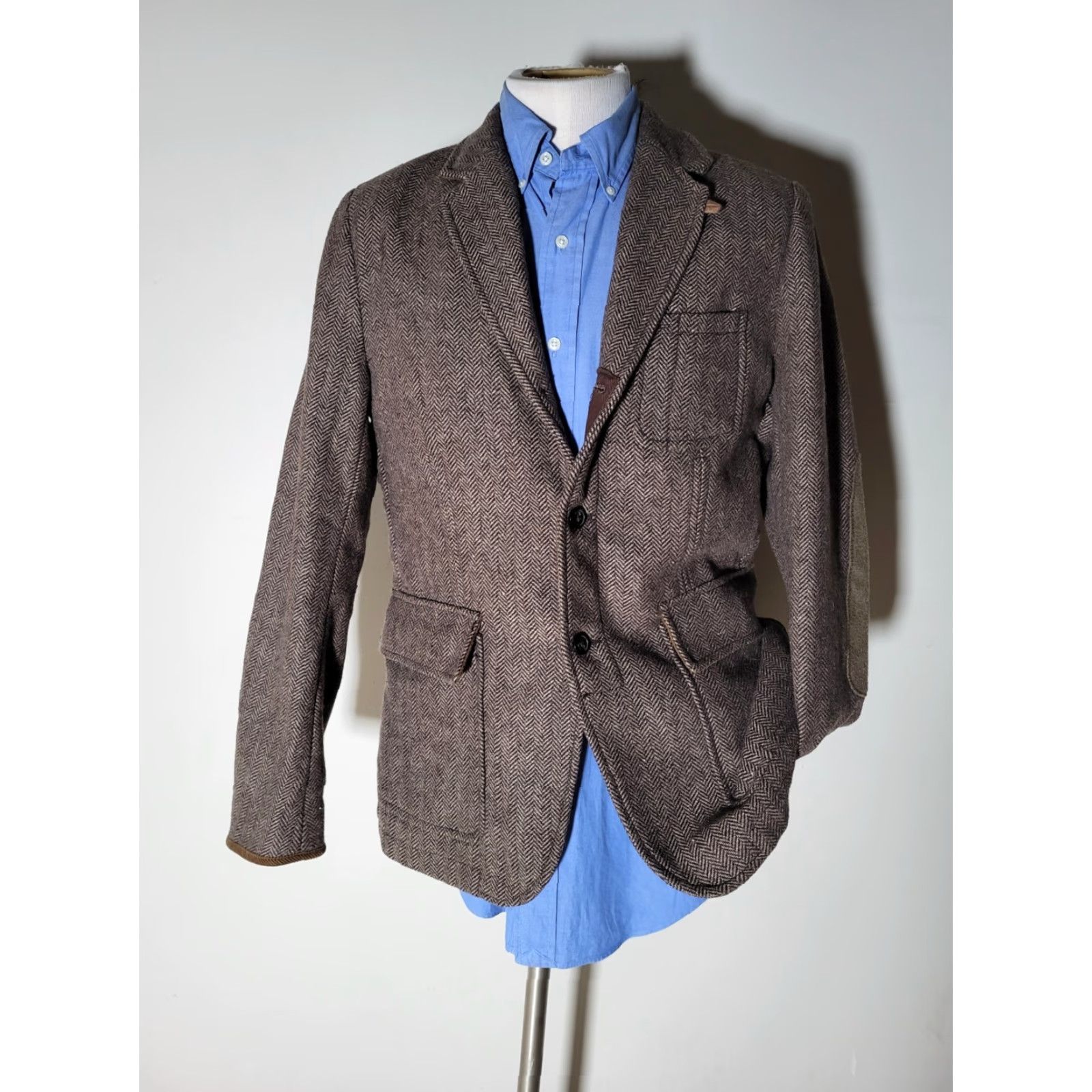 H&M LOGG M Medium Brown Norfolk Field Tweed Herringbone Elbow Coat Blazer Jacket Size 40R - 3 Thumbnail