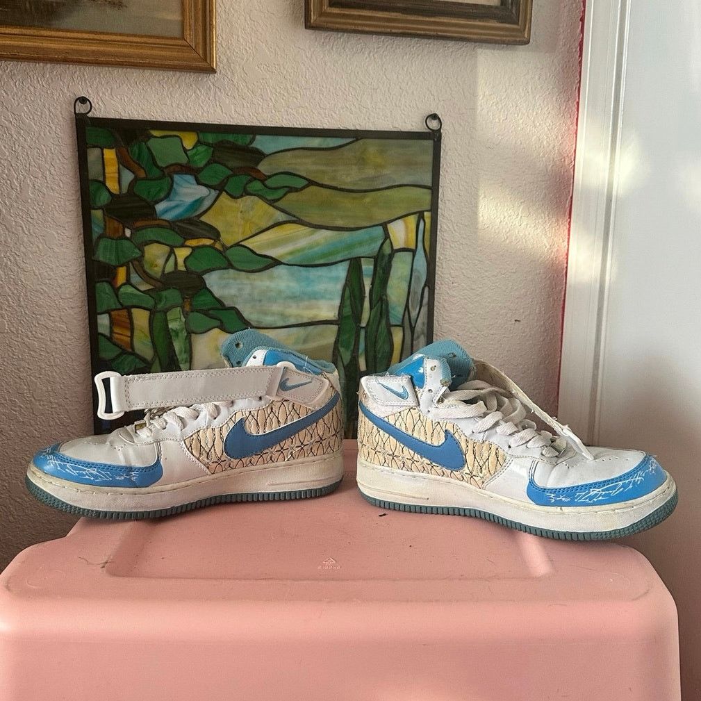 Nike nike air force high top white cream blue tennis shoes Size US 9 / IT 39 - 3 Thumbnail