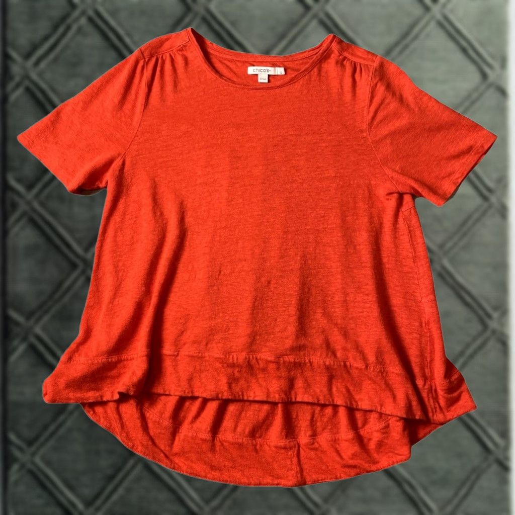 Vintage Chico's Blouse Shirt Women’s Linen 100% Short Sleeve Orange Regular M Casual Back Tiered Pleated Ruffle Knit Lightweight Breathable Size M / US 6-8 / IT 42-44 - 1 Thumbnail