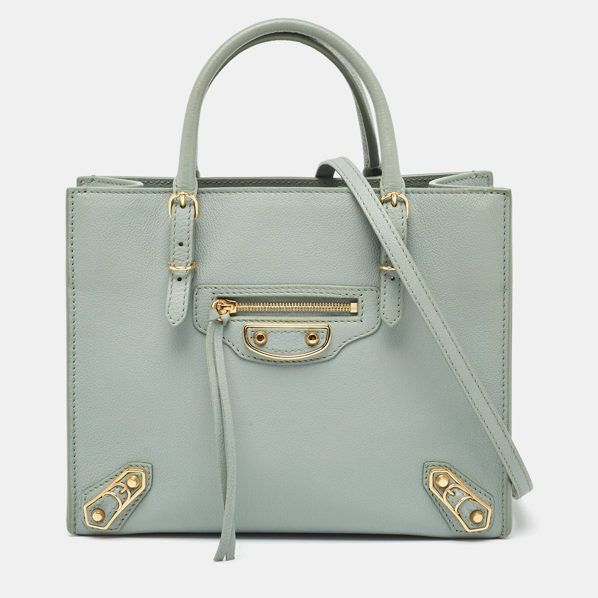 image of Balenciaga Light Green Leather Mini Papier A4 Tote, Women's