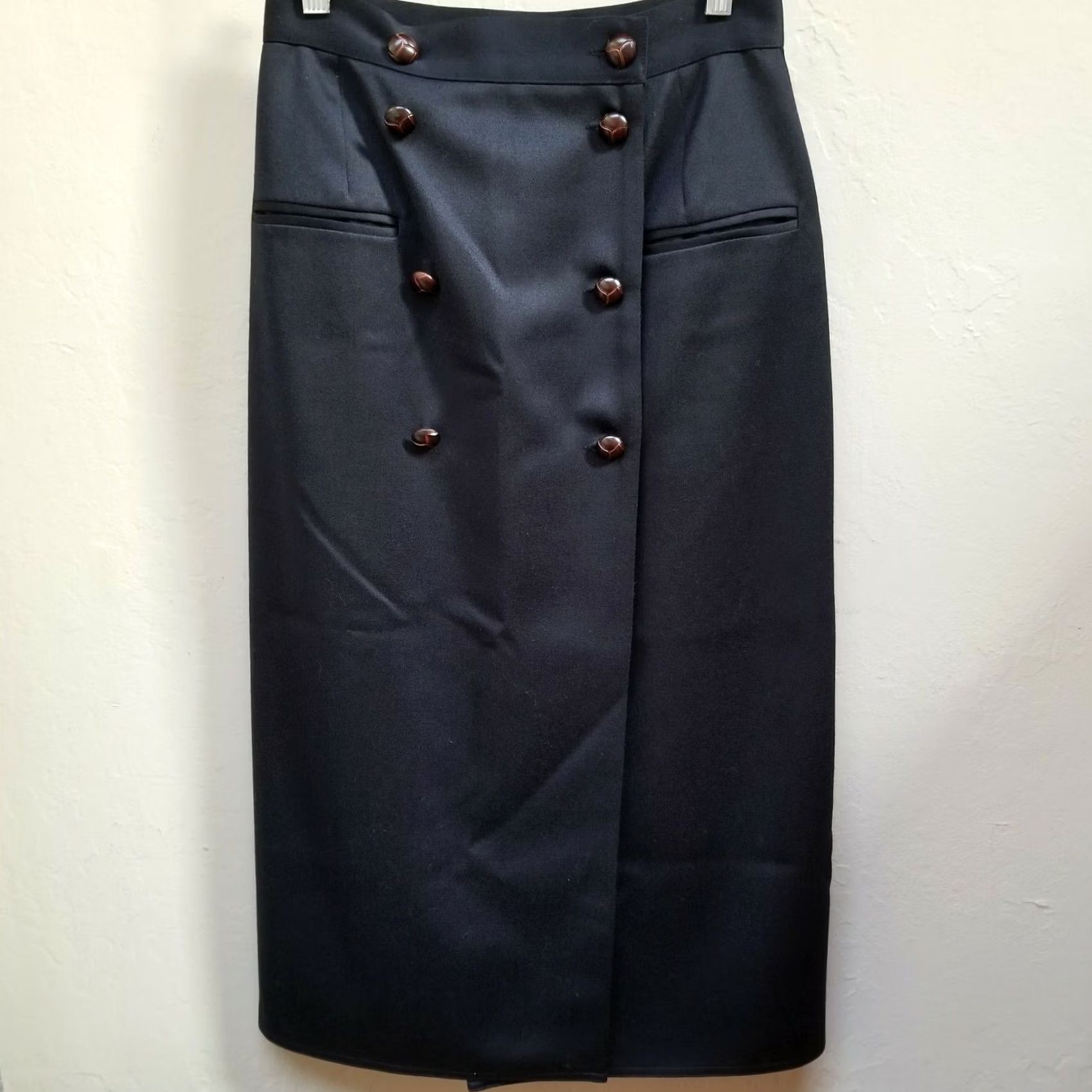 Vintage harvé benard by Benard Holtzman Womens Wool Button-Detail Midi Skirt Sz 8 Petite Black Size 30" / US 8 / IT 44 - 2 Thumbnail