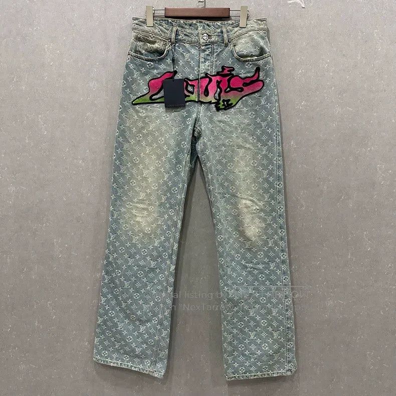 Louis Vuitton Fidon Flocked Embroidered Full Logo Denim Pa