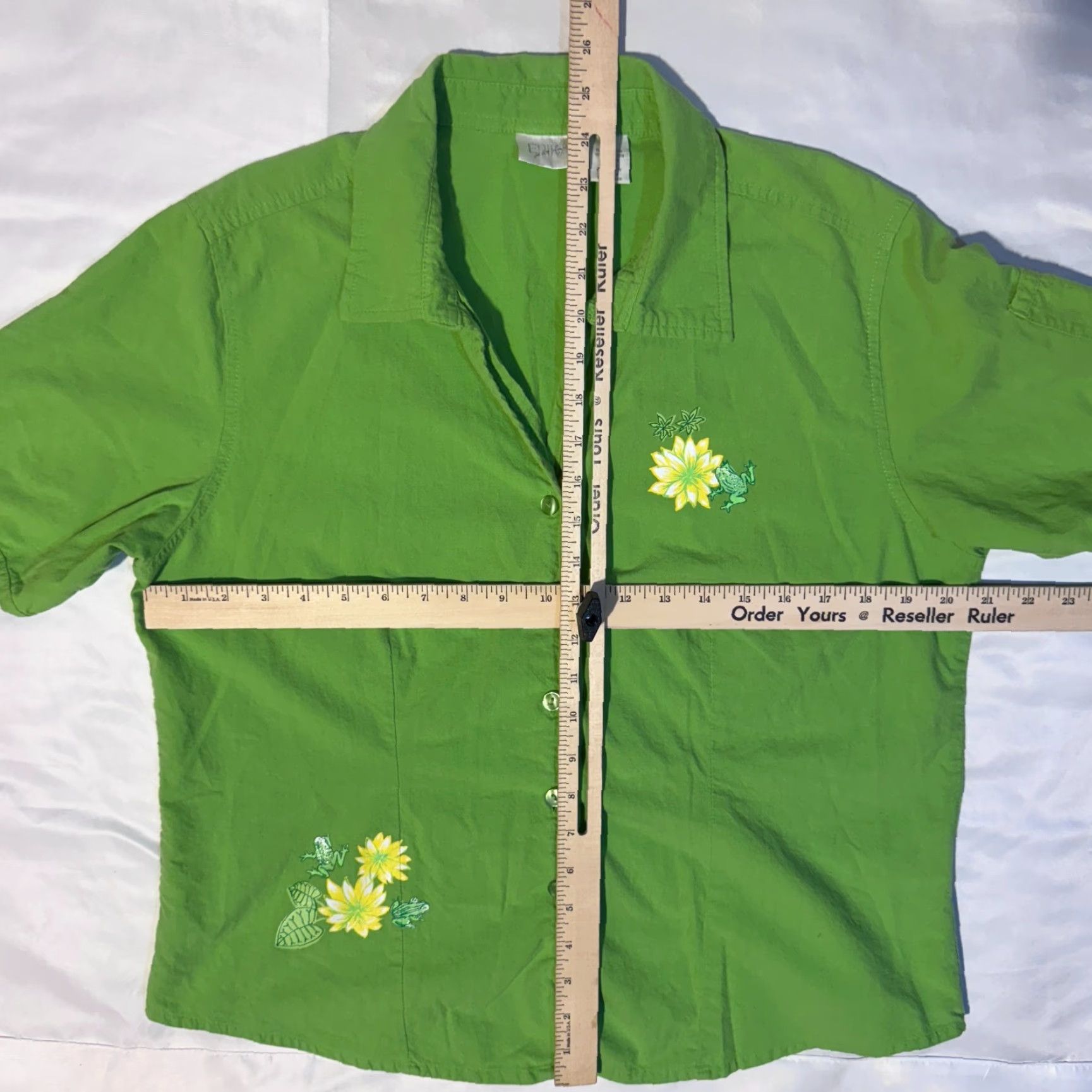 Vintage ERIKA Blouse Shirt Green Yellow Flower Knit Short Sleeve Collared Button Embroidered - L Womens Regular Size L / US 10 / IT 46 - 5 Thumbnail