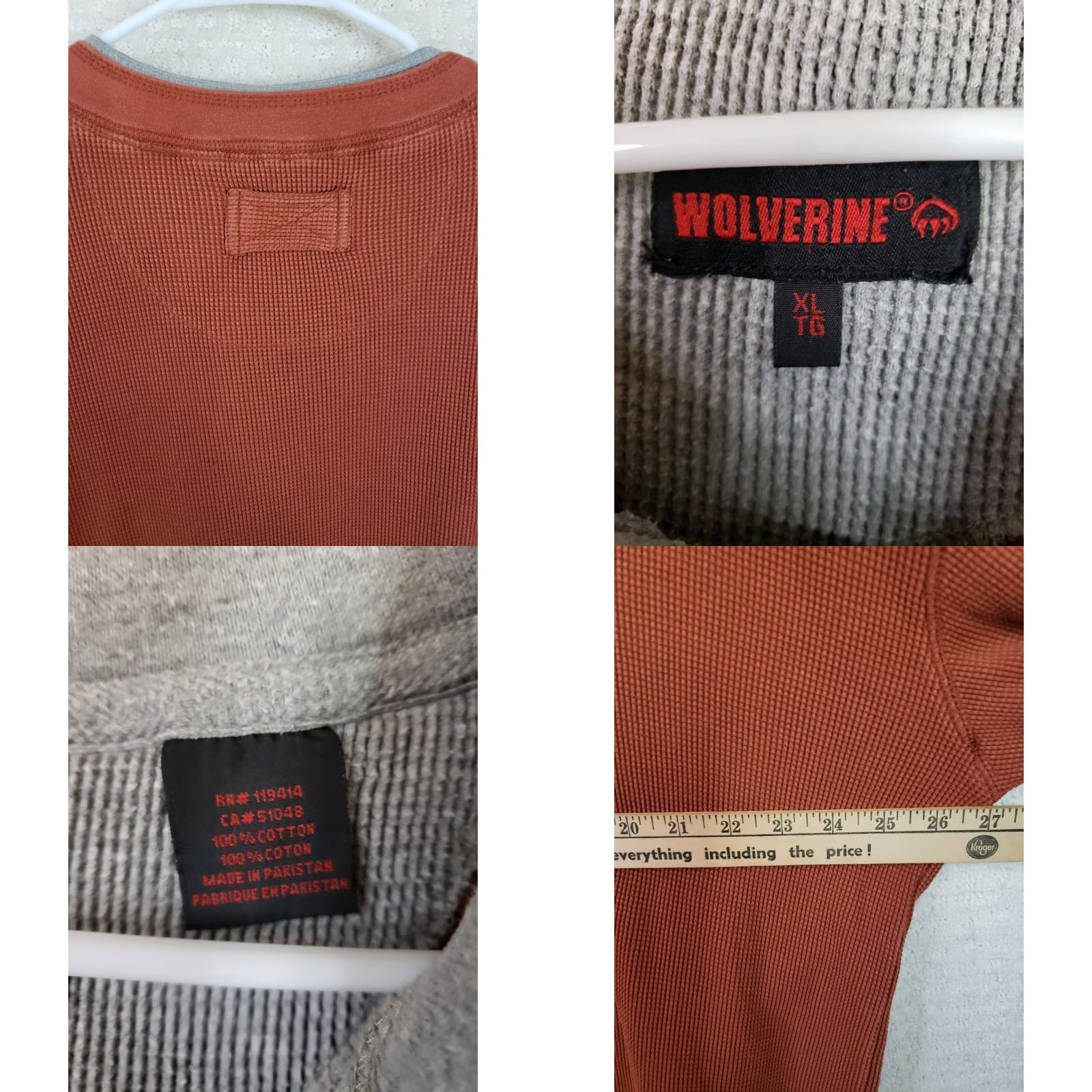 Vintage Wolverine Henley LS Shirt Mens XL Orange Gray Thermal Waffle Knit 2-in-1 Look 2 Shirts Size US XL / EU 56 / 4 - 8 Thumbnail