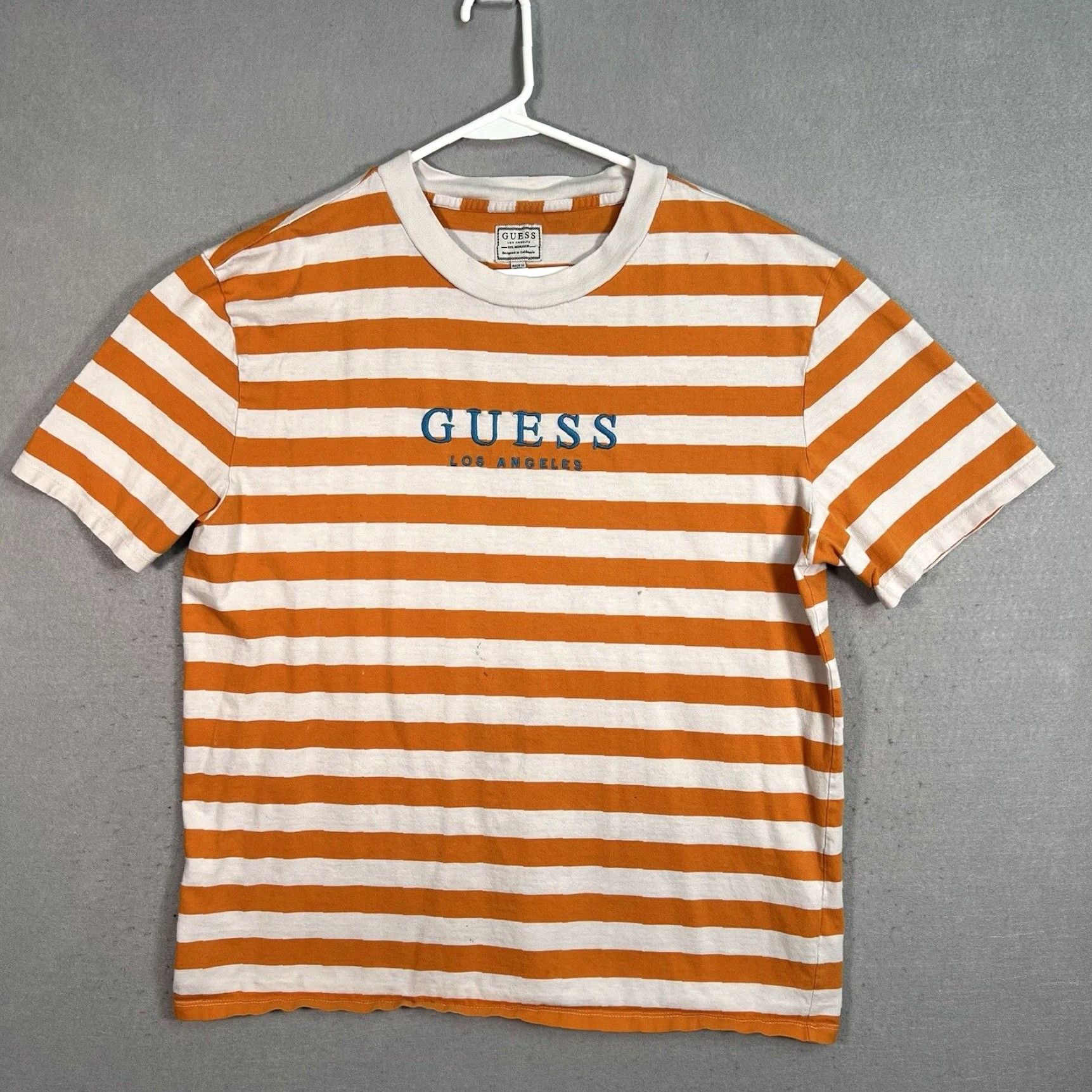 Guess Orange White Embroidered Striped Mens T Shirt for Adults in Medium Size from Los Angeles Grailed