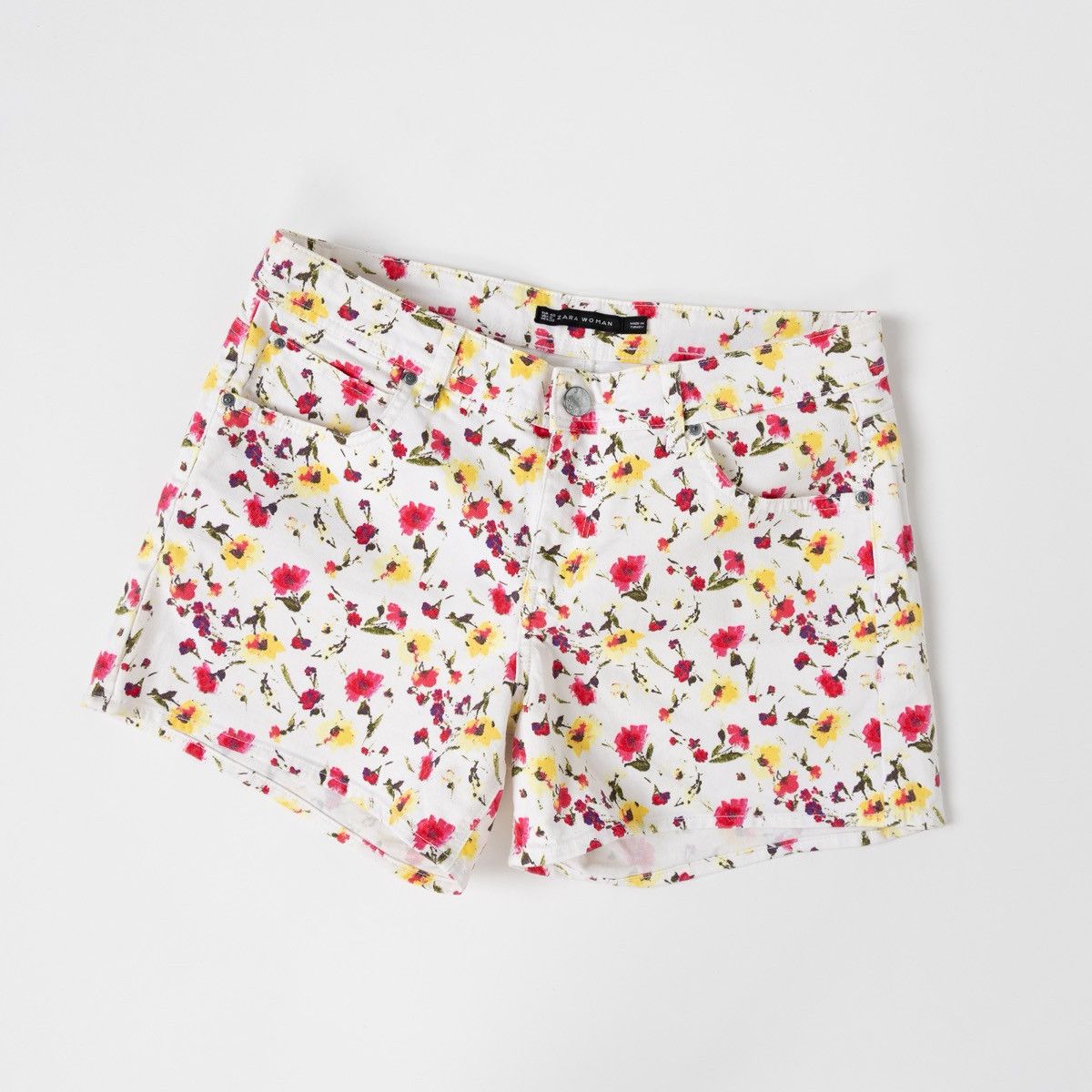 Zara Zara Woman Floral Denim Shorts White Pink Summer Casual Hot Size 30" / US 8 / IT 44 - 1 Thumbnail
