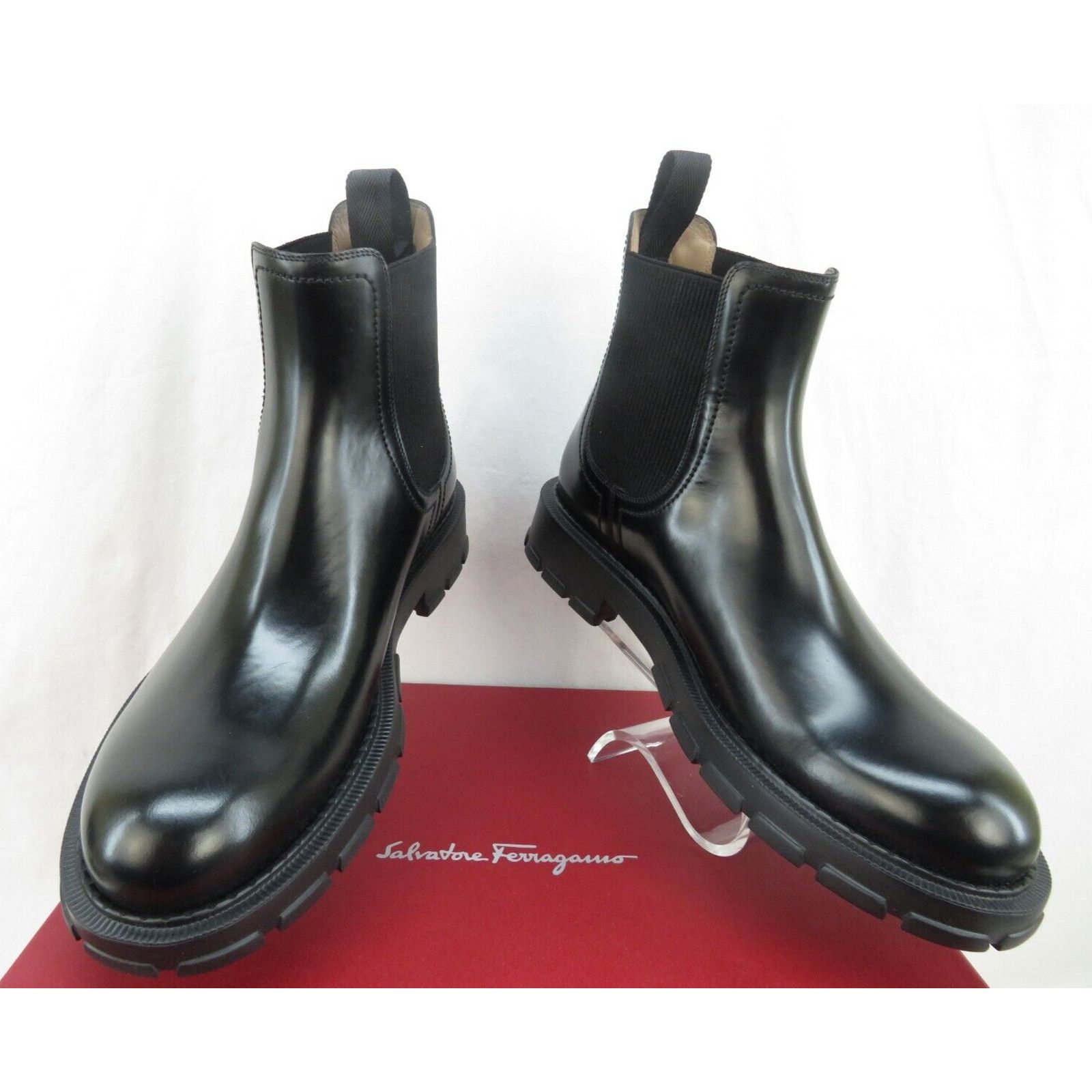 Salvatore Ferragamo IAGO BLACK LEATHER GANCINI PULL CHELSEA ANKLE BOOTS 10 E Size US 10 / EU 43 - 7 Thumbnail