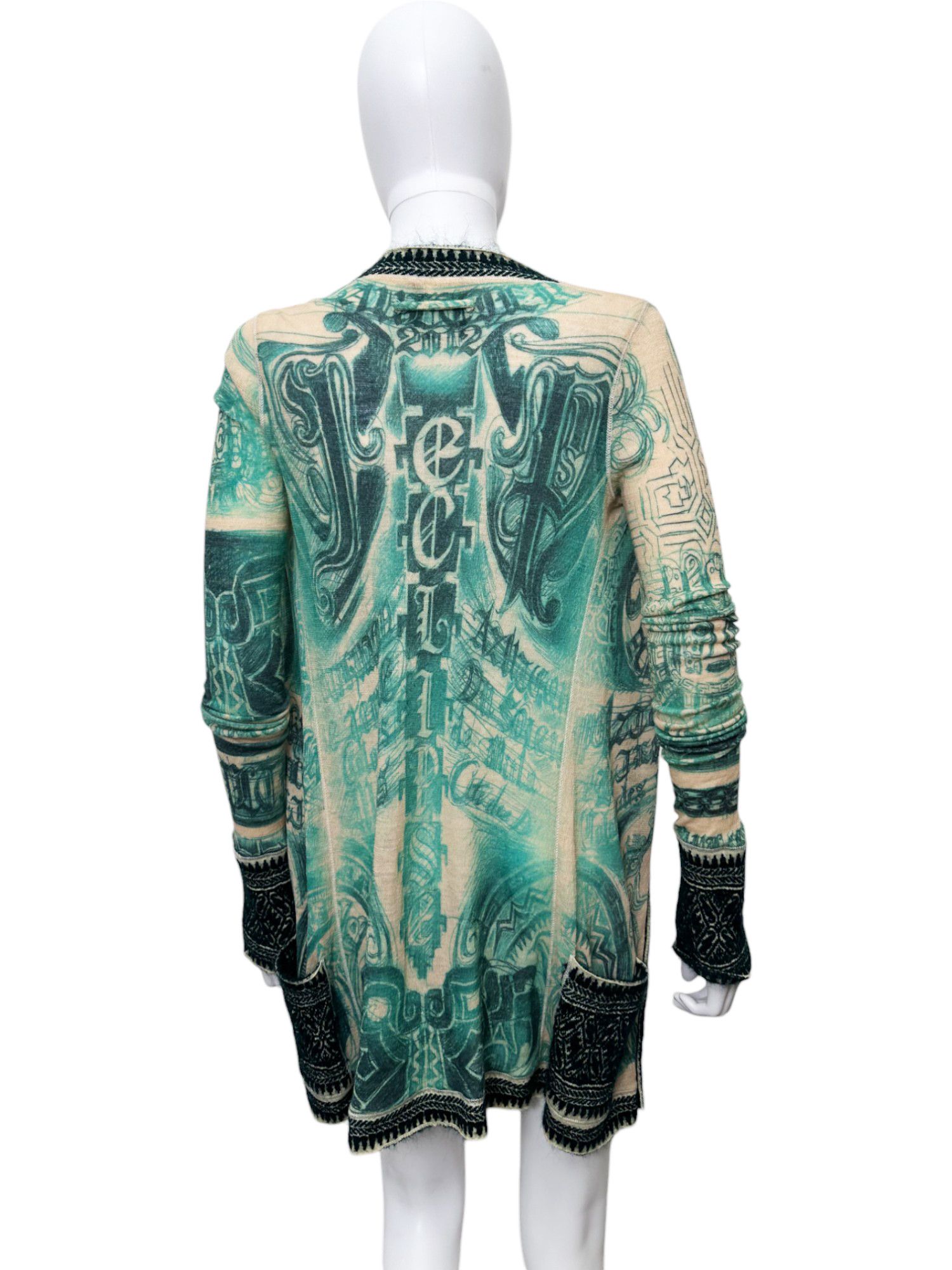 Jean Paul Gaultier 90's Tribal Acqua Green Wool Cardigan Size L / US 10 / IT 46 - 3 Thumbnail