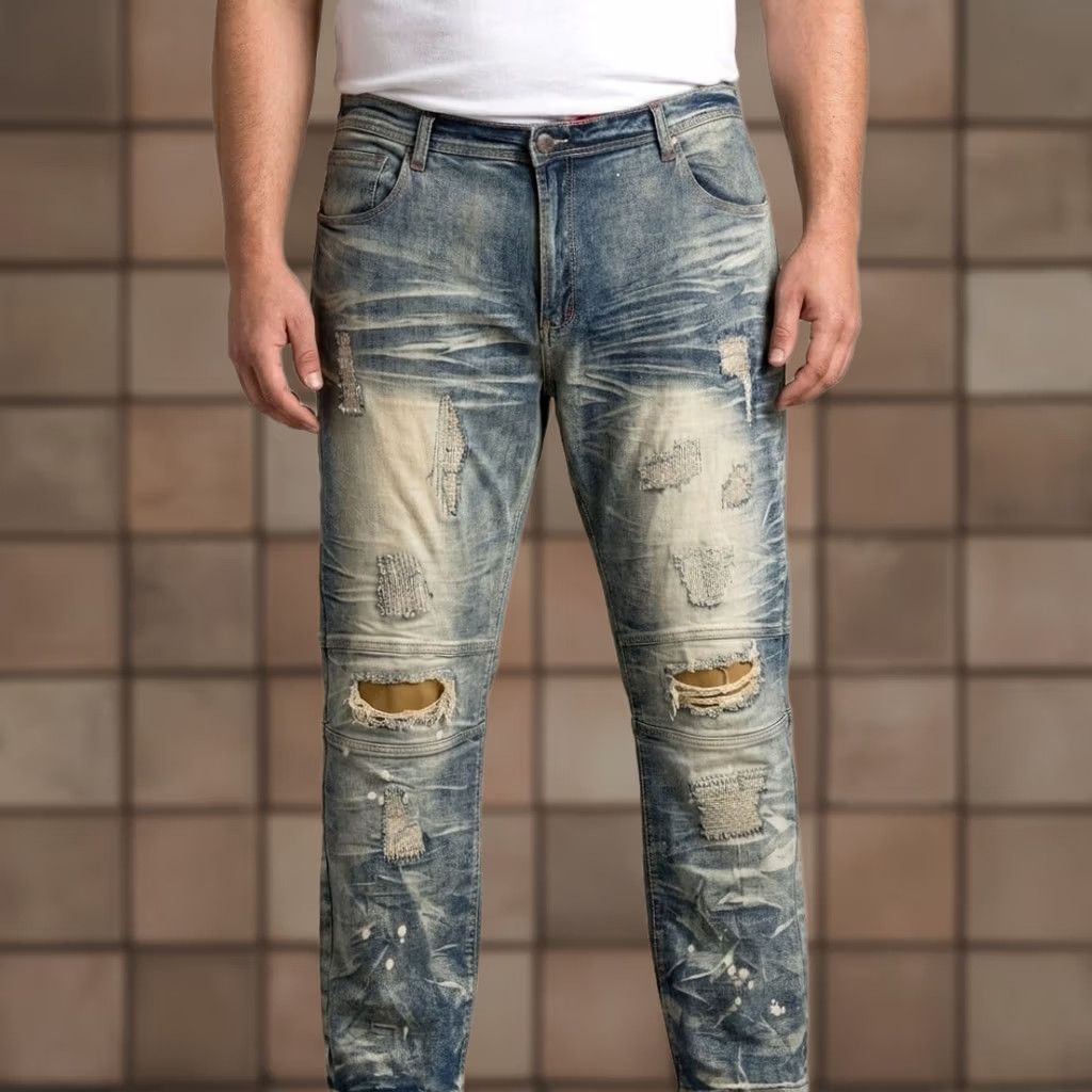 Vintage Makobi Distressed Moto Jeans Bleach Splatter Patch 48x32 Blue Mens Jeans Straight 48x32 Size US 32 / EU 48 - 1 Thumbnail