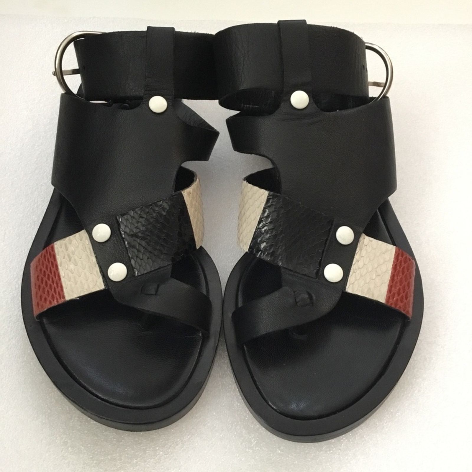 THAKOON Thakoon Black Leather Sandals with Striped Accent Size US 5.5 / IT 35.5 - 2 Thumbnail
