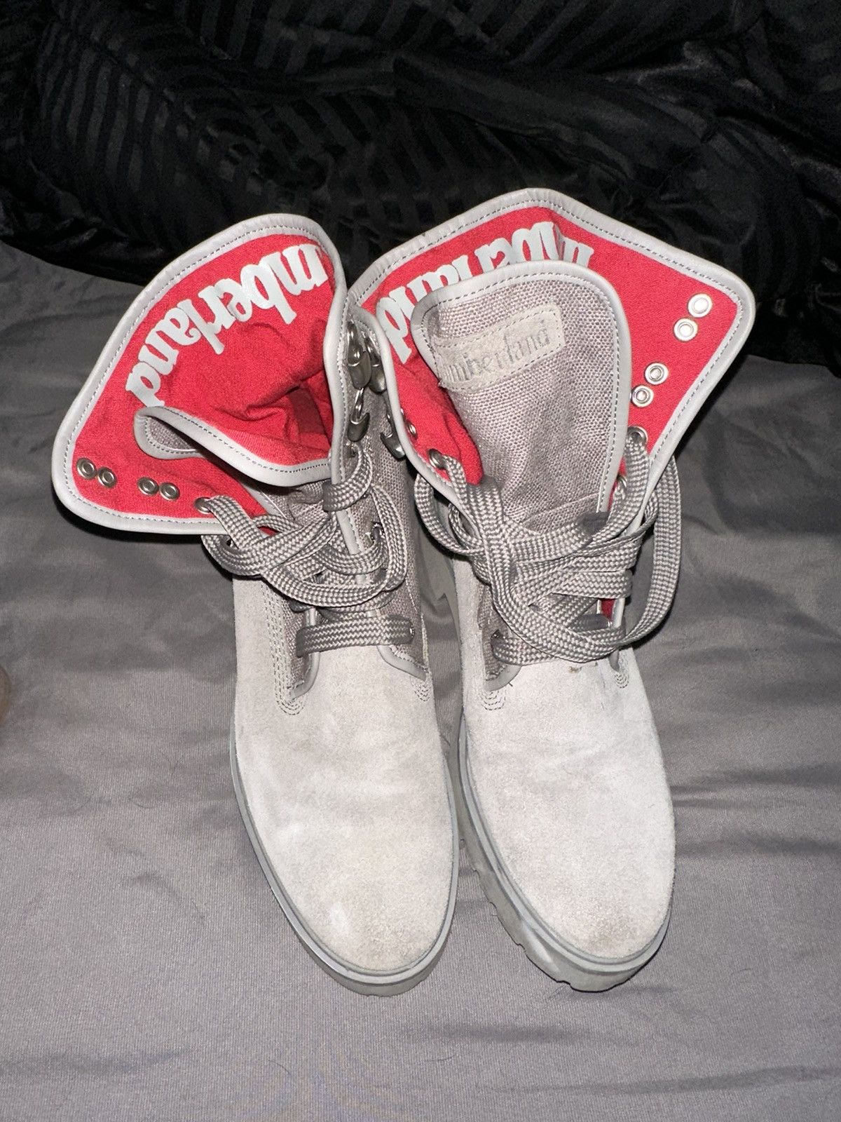 image of Red & Grey Fold-Down Timberlands Women’S Shoes, Women's (Size 8)
