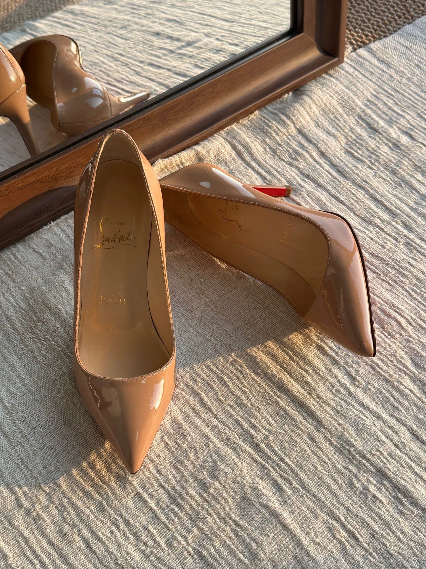Christian Louboutin CL nude patent leather red sole heels women's Size US 4.5 / IT 34.5 - 2 Thumbnail
