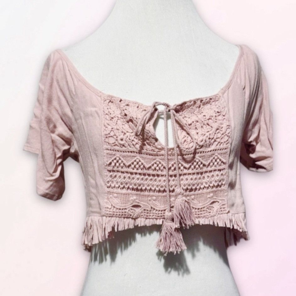 Vintage Vintage, Rose Blush, Peasant Style, Fringed Hem, Crop Top Size ONE SIZE - 1 Thumbnail