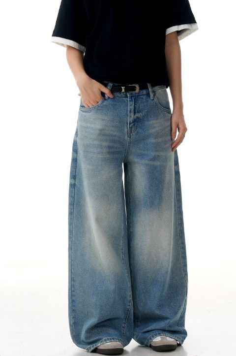 Vintage Washed men's retro cleanfit distressed casual blue jeans Size US 32 / EU 48 - 2 Thumbnail