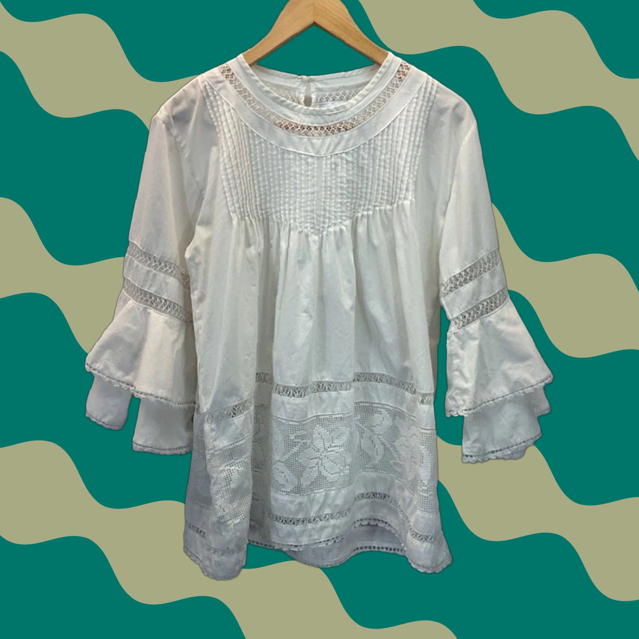 Mi Golondrina Tunic Top Blouse shirt Women L White Long Bell Sleeve Square Neck Crochet Casual Party/Cocktail 100% Cotton Vintage No