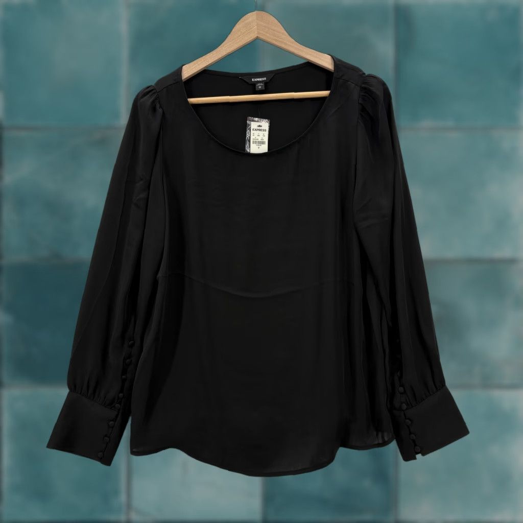 Express Express Blouse Womens Medium Black Scoop Neck Long Sleeve Button Cuff Dressy Size M / US 6-8 / IT 42-44 - 1 Thumbnail