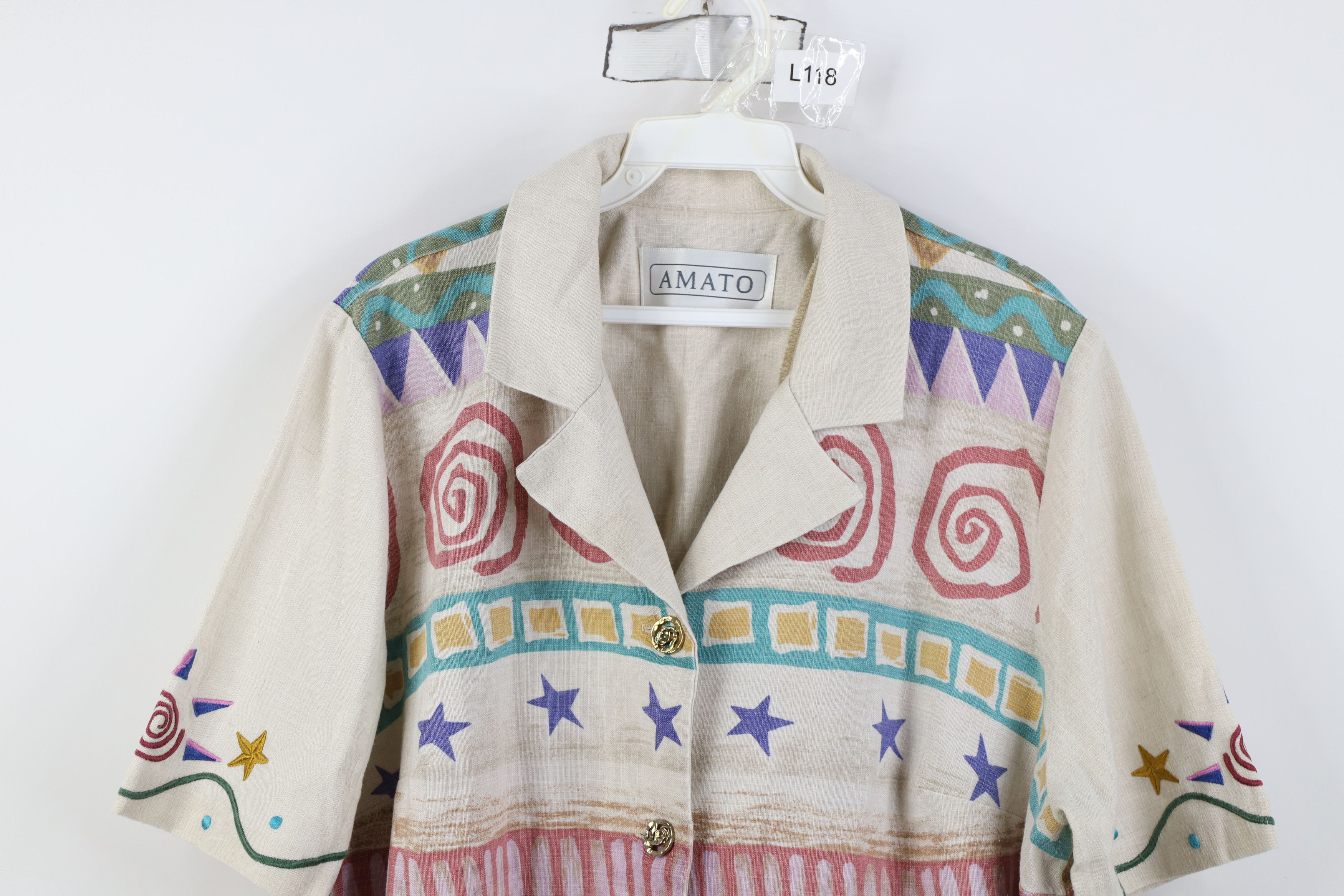 Vintage Vintage 90s Rainbow Geometric Linen Collared Button Shirt Size XXL / US 16-18 / IT 52-54 - 2 Thumbnail