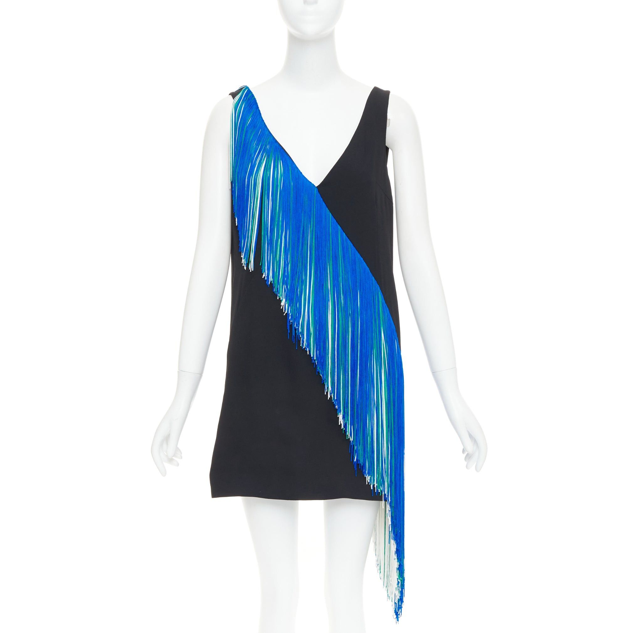 Christopher Kane CHRISTOPHER KANE 2016 Runway Asymmetric Fringing Strip blue green white fringe mini dress UK8 S Size S / US 4 / IT 40 - 1 Thumbnail
