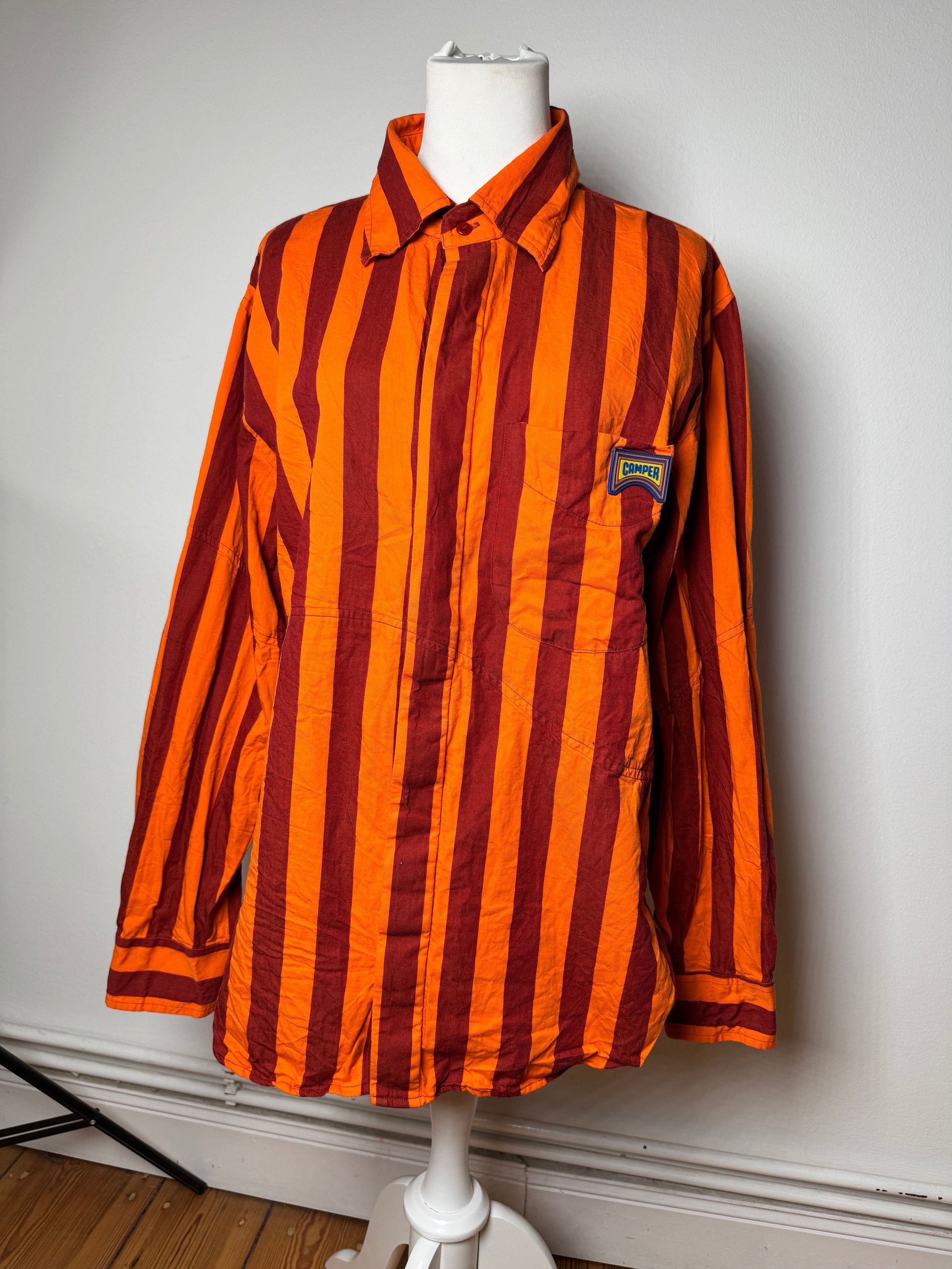 Vintage Striped Cotton Shirt Orange Burgundy XL