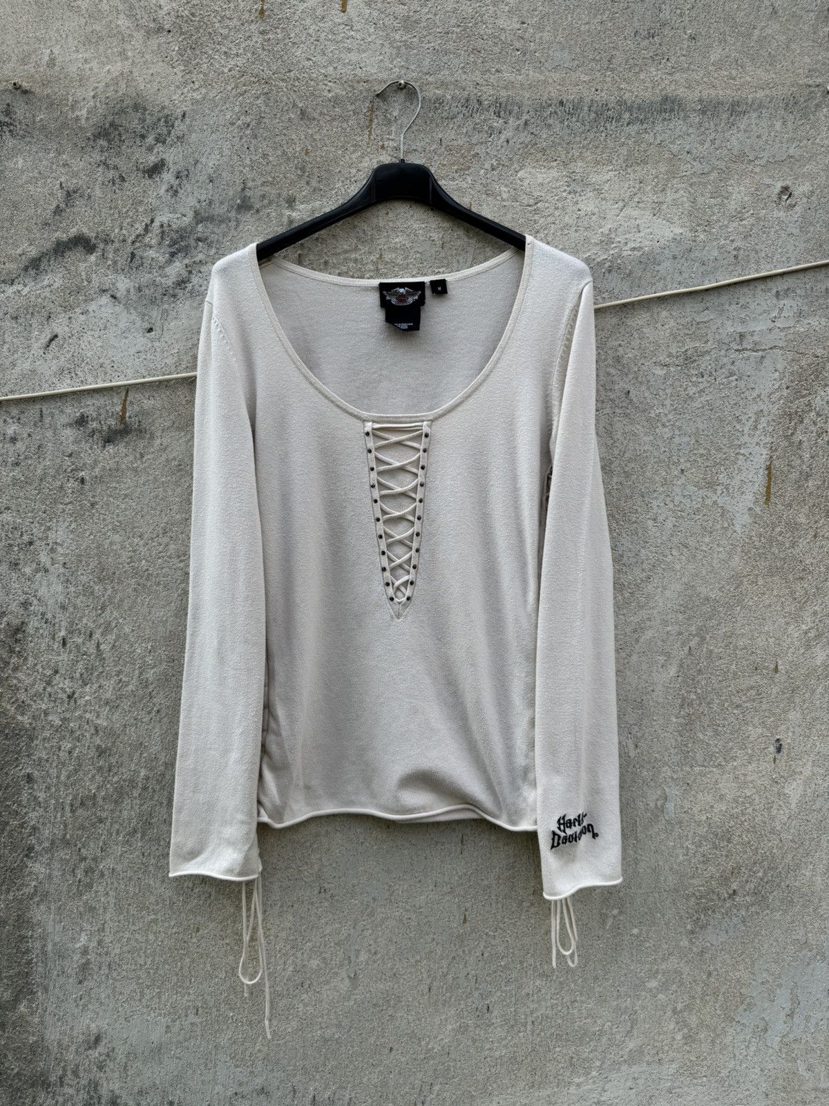 Harley Davidson Vintage Harley Davisdon Lace up Longsleeve 90s Beige Size M / US 6-8 / IT 42-44 - 1 Thumbnail