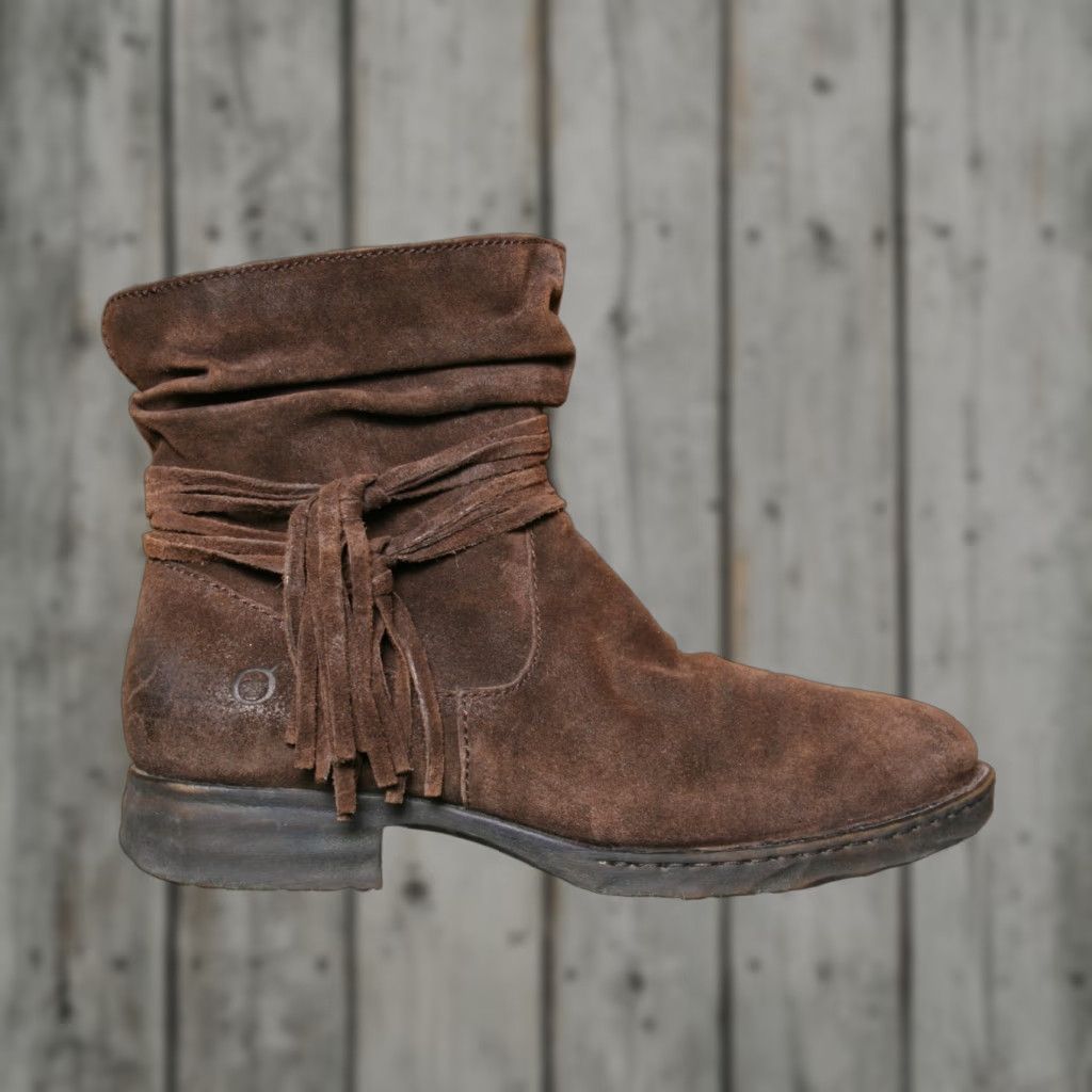 Born Børn Cross Brown Distressed Suede Fringe Slouchy Ankle Boots Sz. 8.5 M Women Heel Low Zip Bootie Shoe Size US 9 / IT 39 - 1 Thumbnail