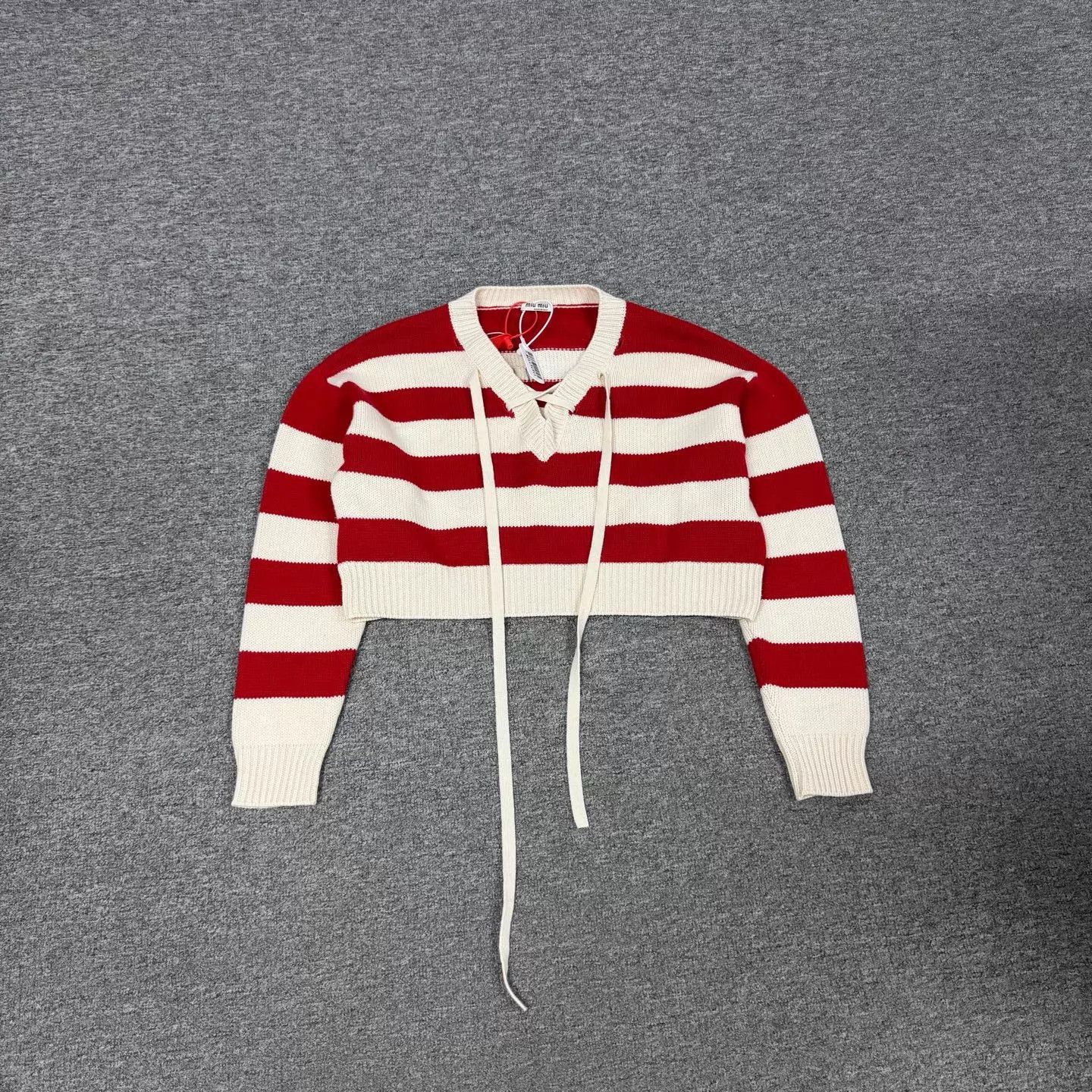Miu Miu MIU MIU red white stripe V-neck tie-front knit 99 new Size XS / US 0-2 / IT 36-38 - 1 Thumbnail