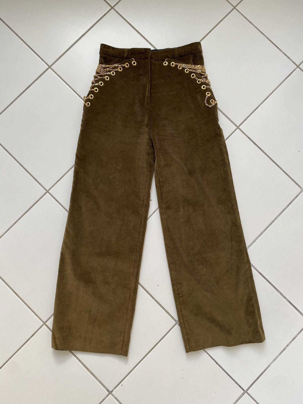 image of Yproject Khaki Green Corduroy Pants With Gold Chain Detail, Women's (Size 26)