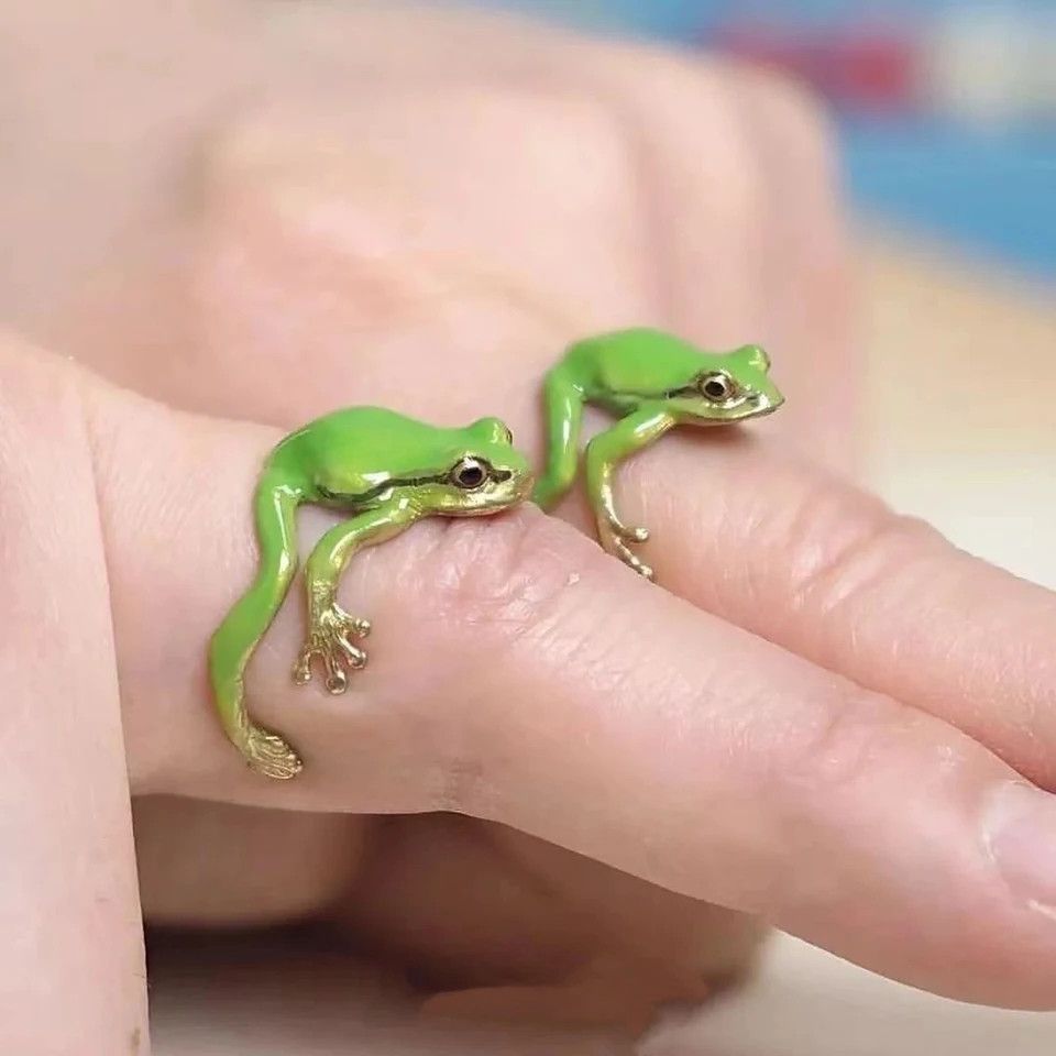 Jewelry × Vintage Exquisite green enamel frog open ring (1pair) Size ONE SIZE - 3 Thumbnail
