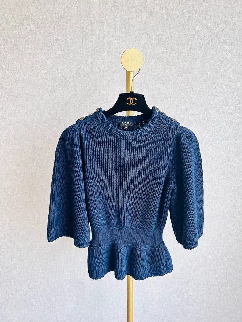 Chanel Chanel Blue Ribbed Knit Top - dmc Size US S / EU 44-46 / 1 - 1 Thumbnail