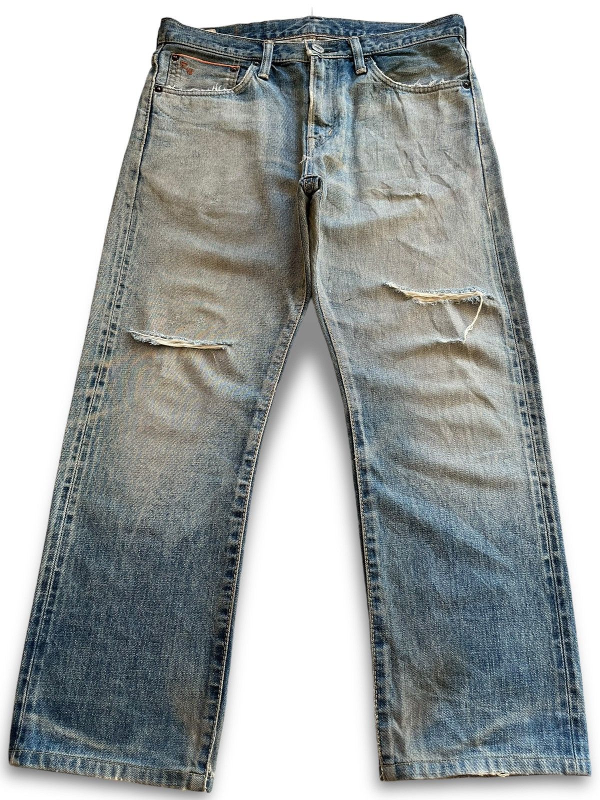 image of Distressed Denim x Edwin Vintage Japan Edwin 505Zx Selvedge Distressed Loose Jeans in Blue (Size 34