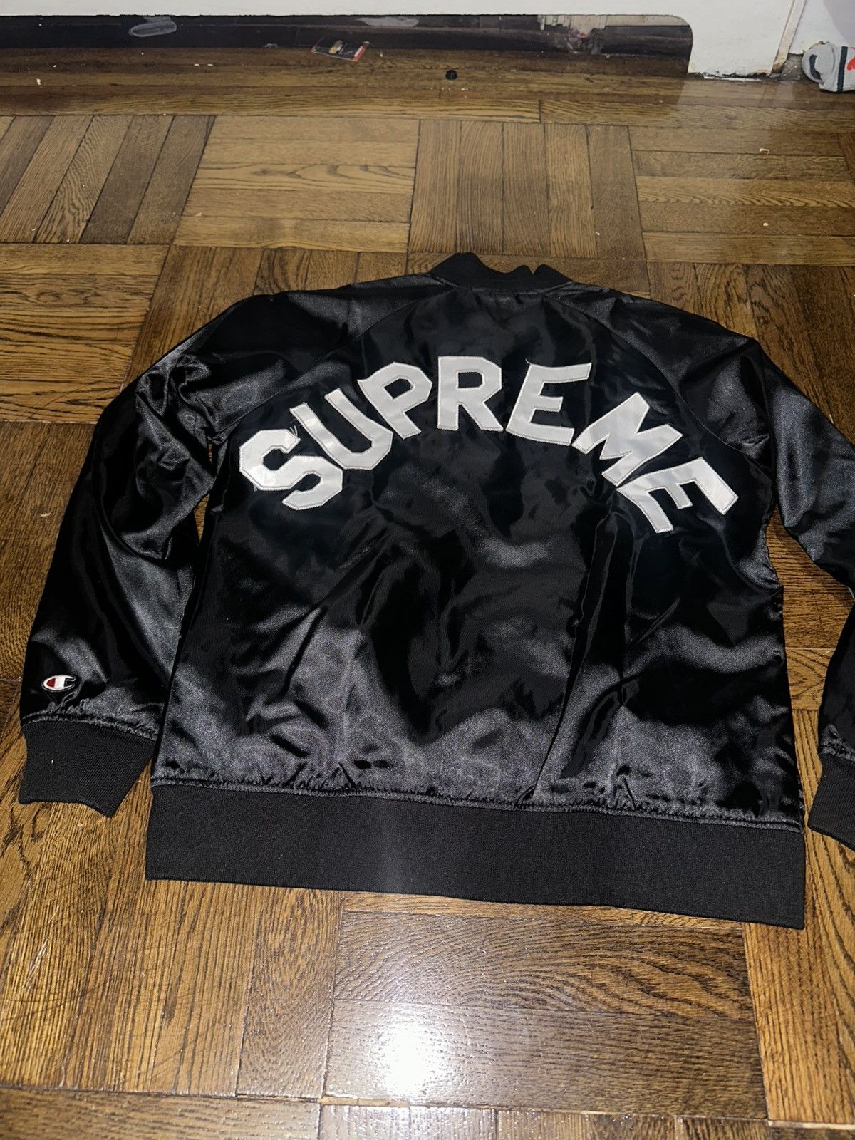 Champion × Supreme Supreme 13SS Champion Satin Jacket Logo Black M 